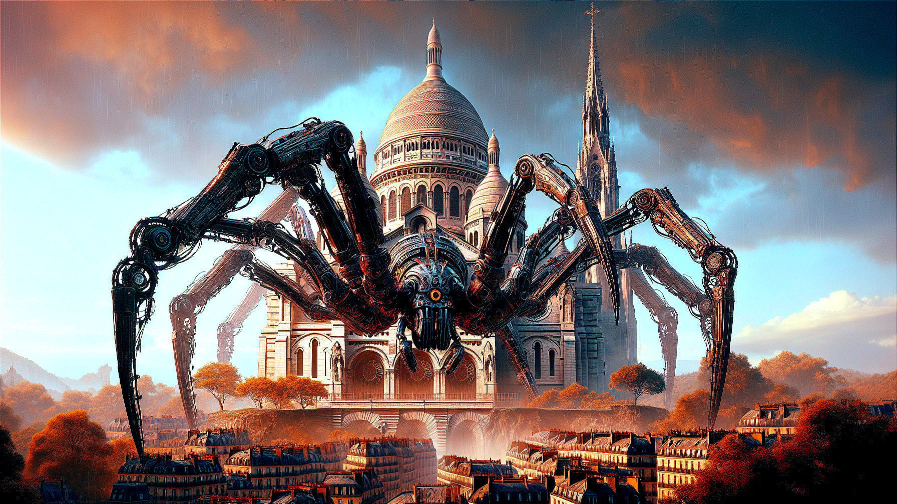 Mechanical Spider Overlooks Cityscape and Cathedral