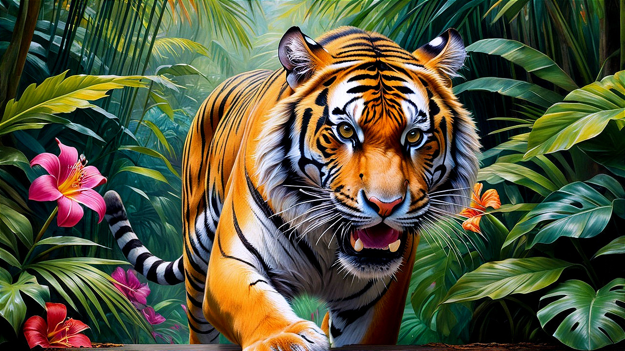 Majestic tiger in vibrant jungle with lush foliage