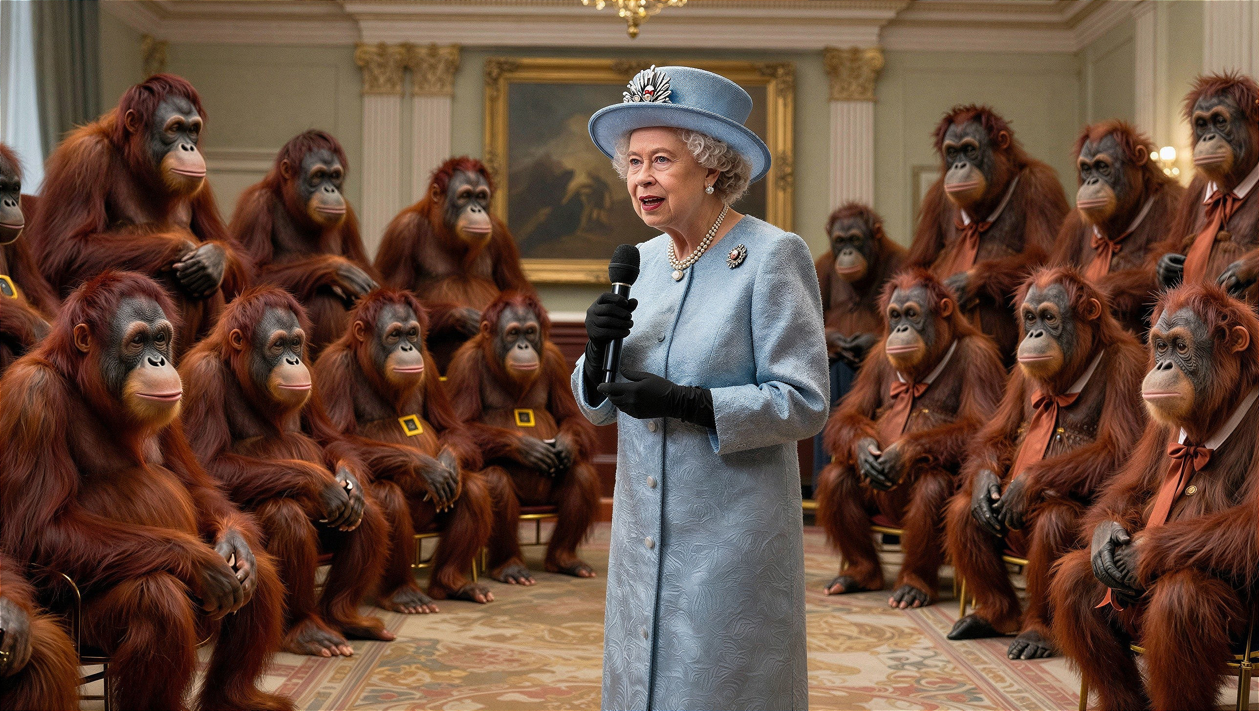 Queen Elizabeth II Speaking to Orangutans in Formal Room