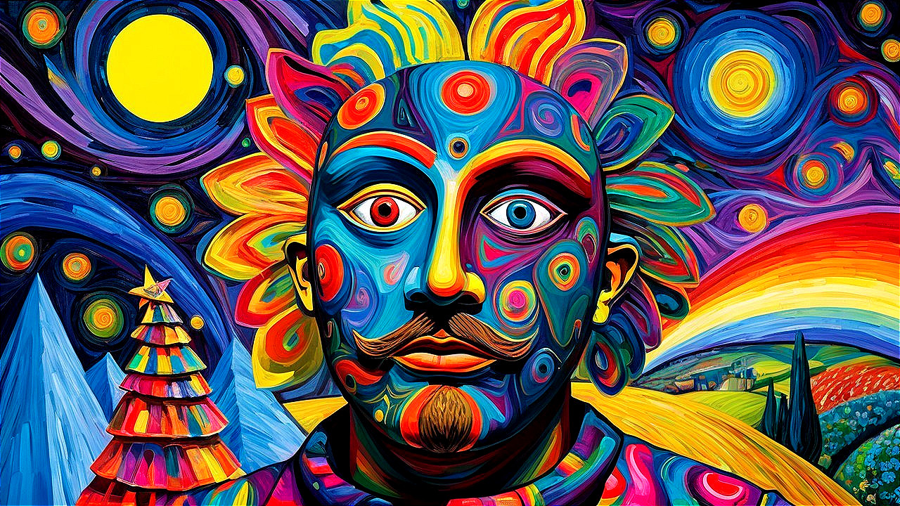Psychedelic Portrait with Colorful Patterns and Landscapes