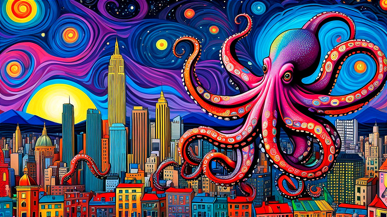 Surreal Cityscape with Giant Colorful Octopus