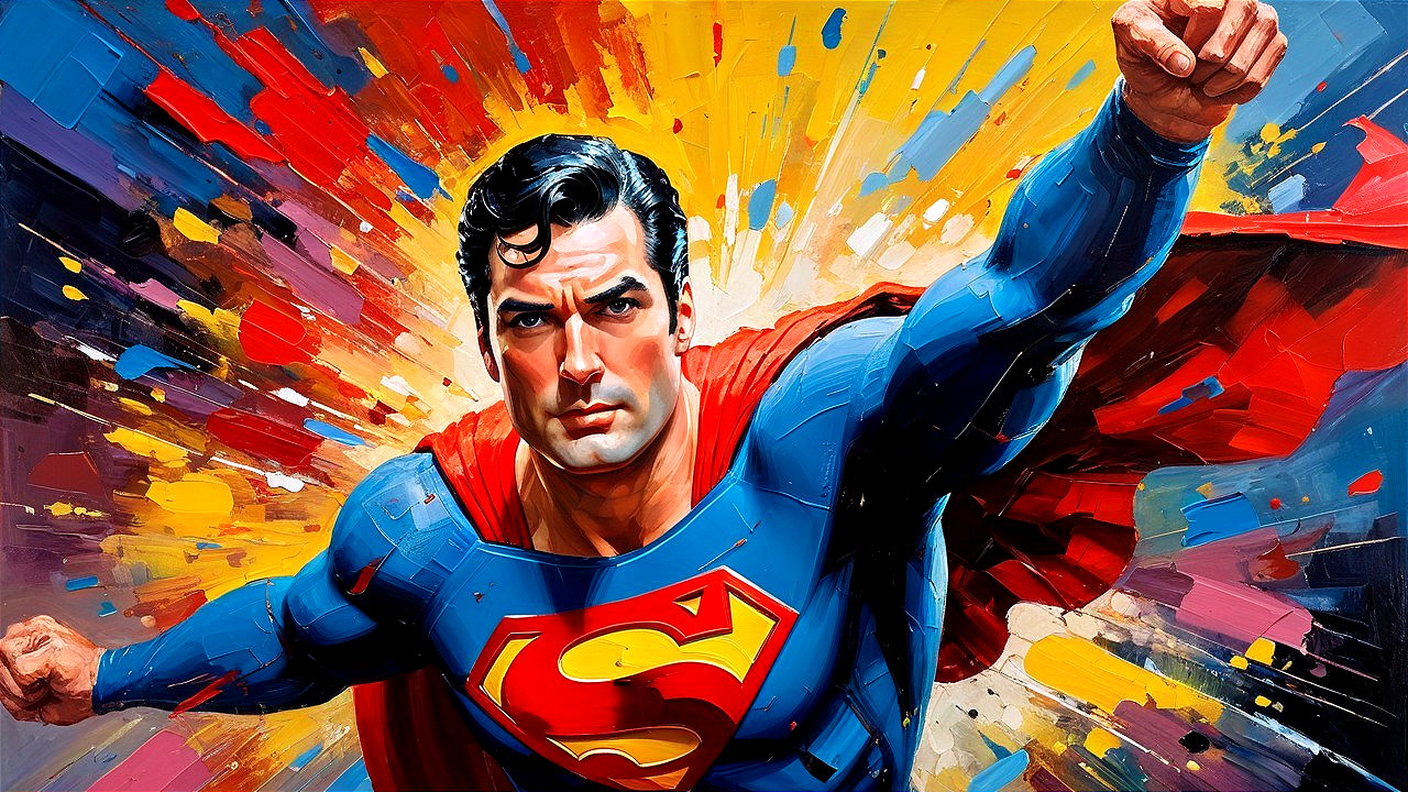 Dynamic Superhero in Blue Suit with Red Emblem