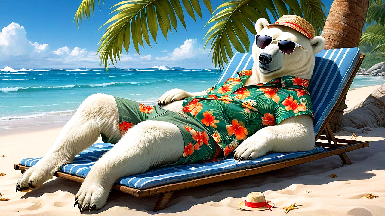 Polar Bear Relaxing on Beach Chair in Tropical Setting