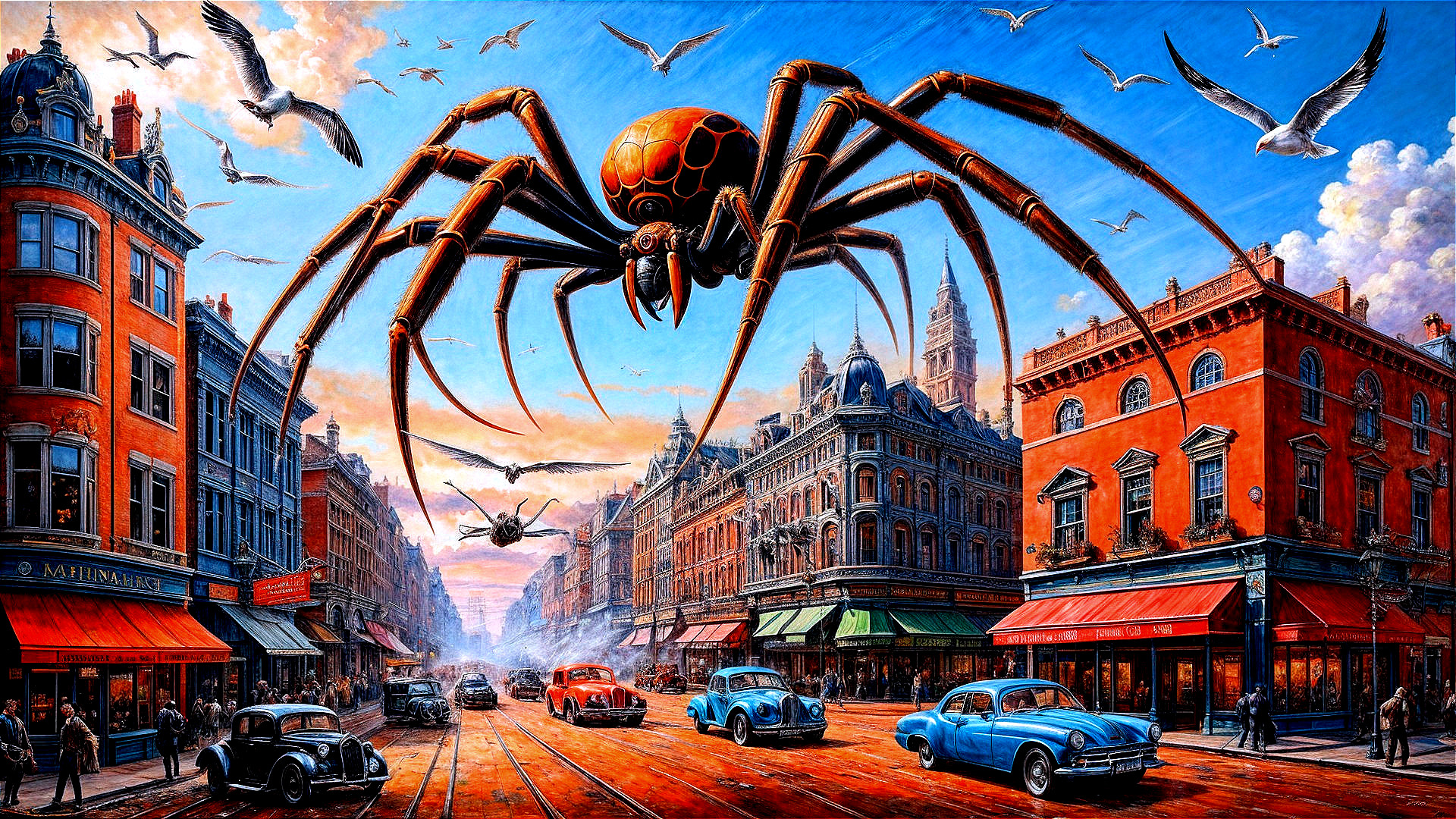 Giant Spider Over Urban Skyline at Sunset