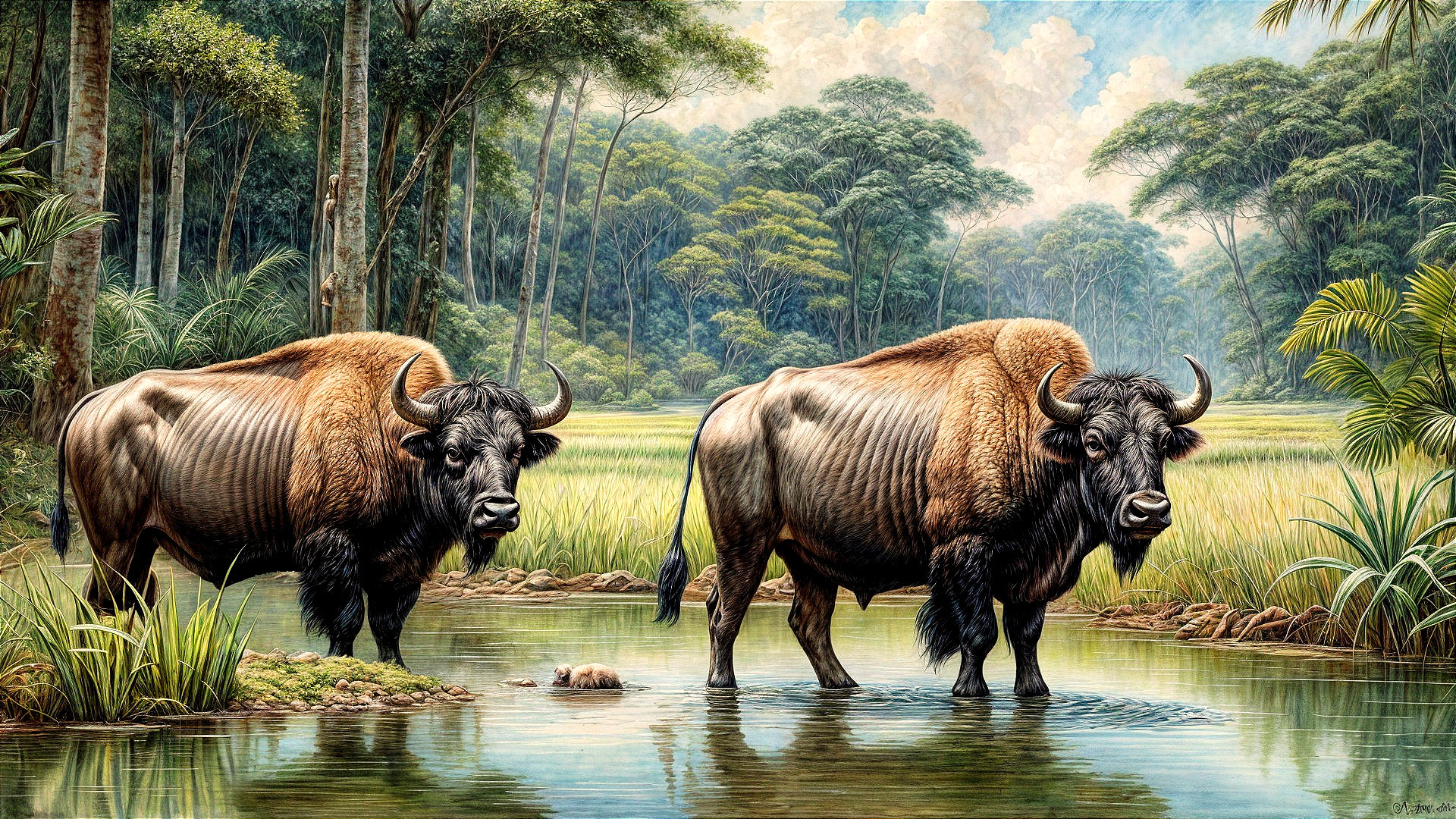 Water Buffalo in Tranquil Pond Surrounded by Nature