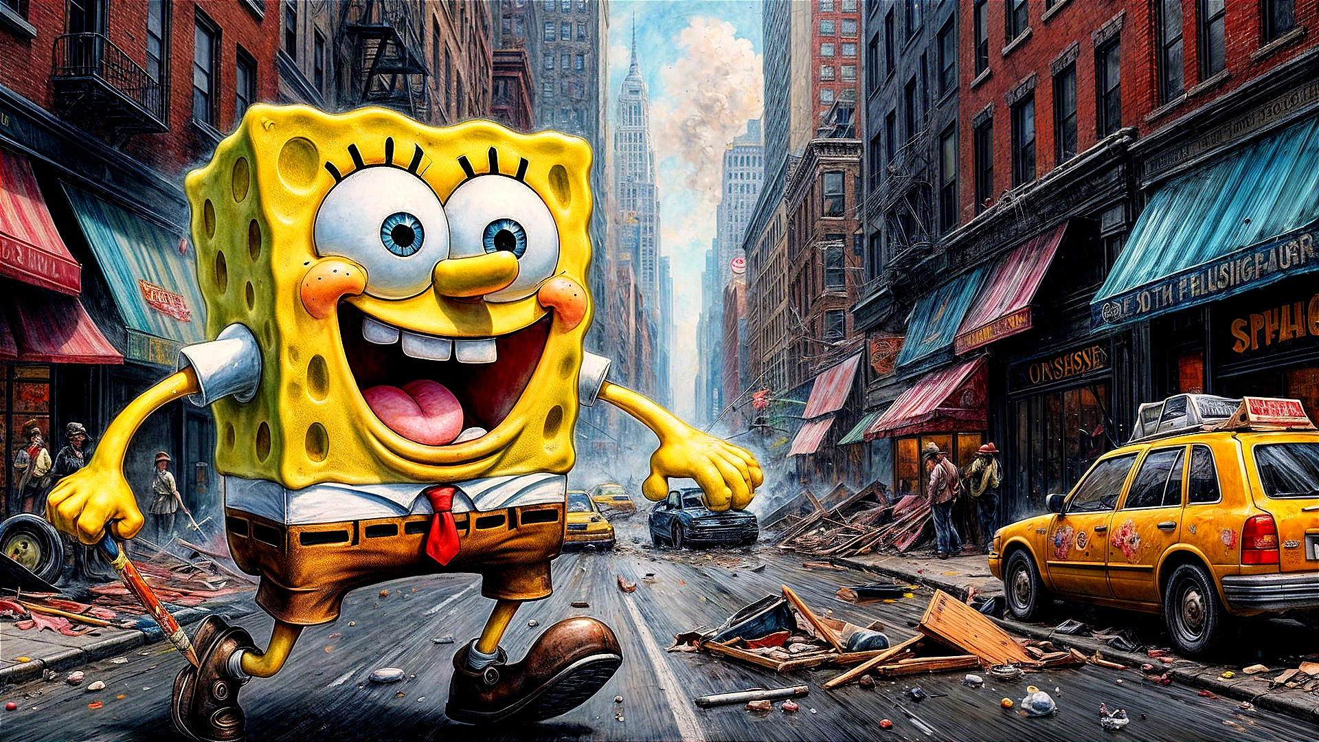 Animated Scene of SpongeBob in a Chaotic City Street