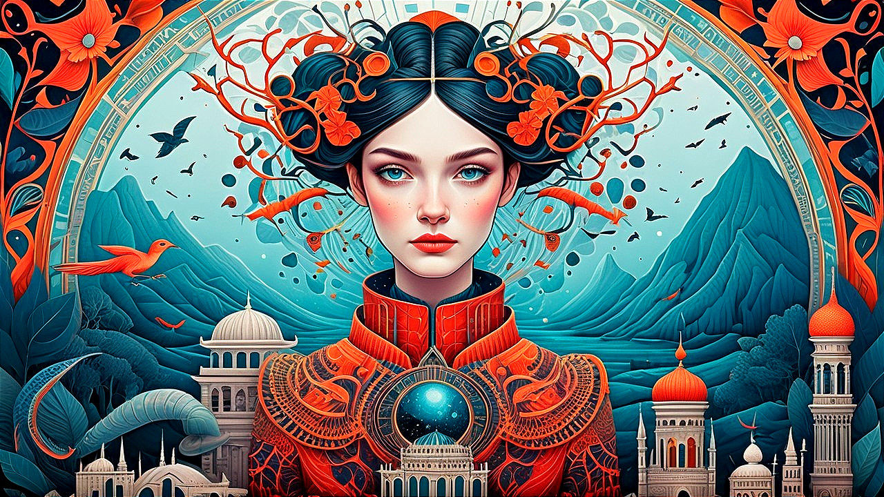 Portrait of a woman in red attire with a fantasy landscape