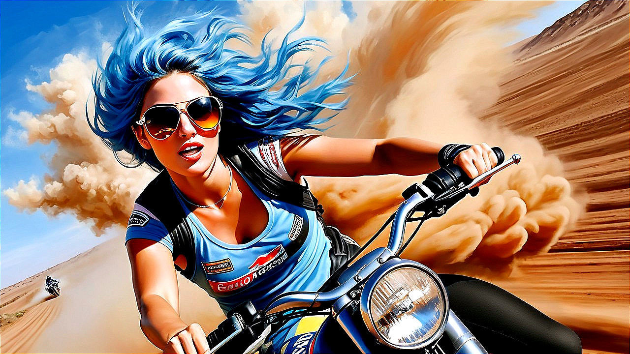 Woman with Blue Hair Riding Motorcycle in Desert