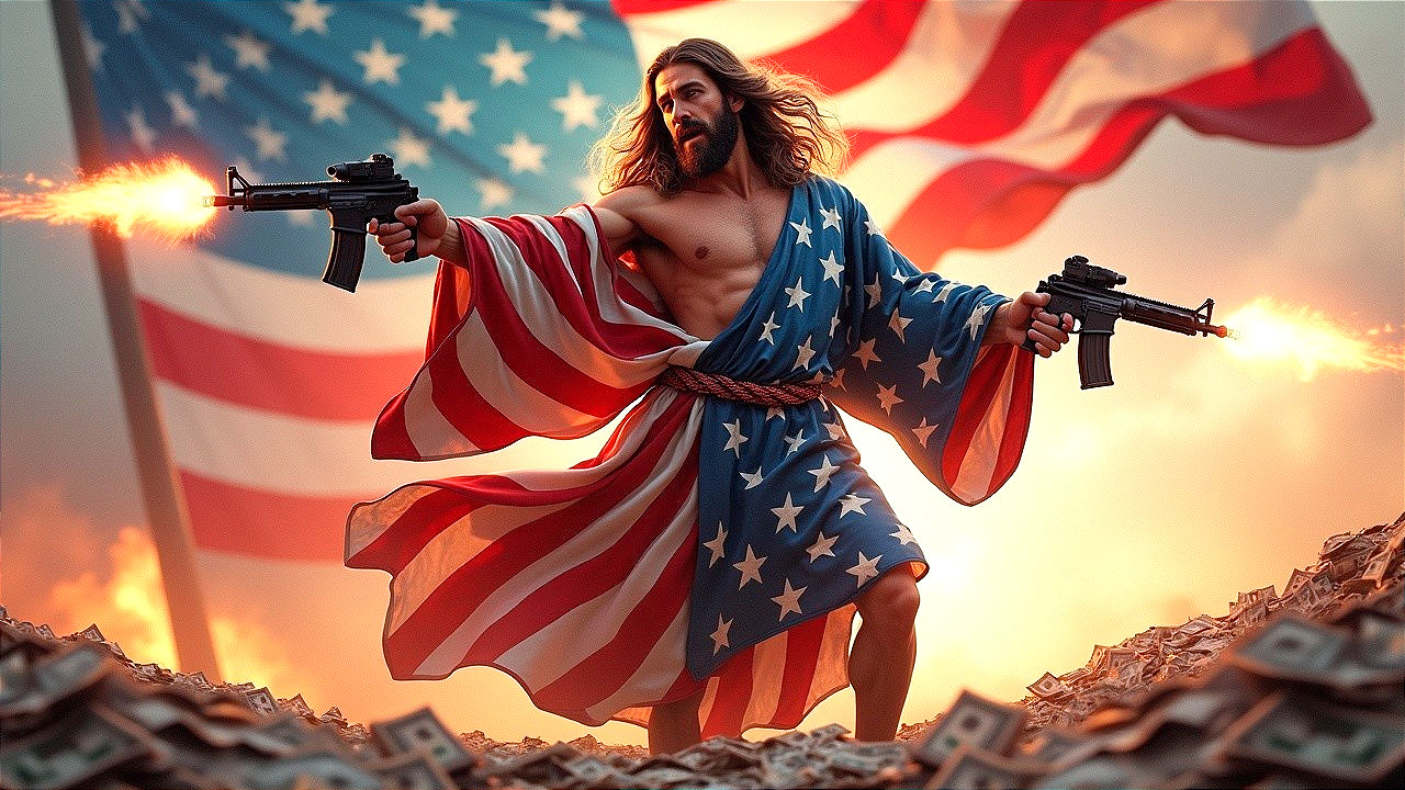 Muscular Figure with Firearms and American Flag Backdrop