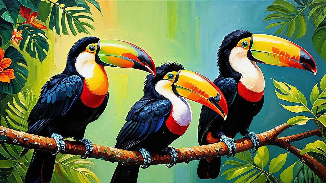 Vibrant Toucans on a Branch Surrounded by Foliage