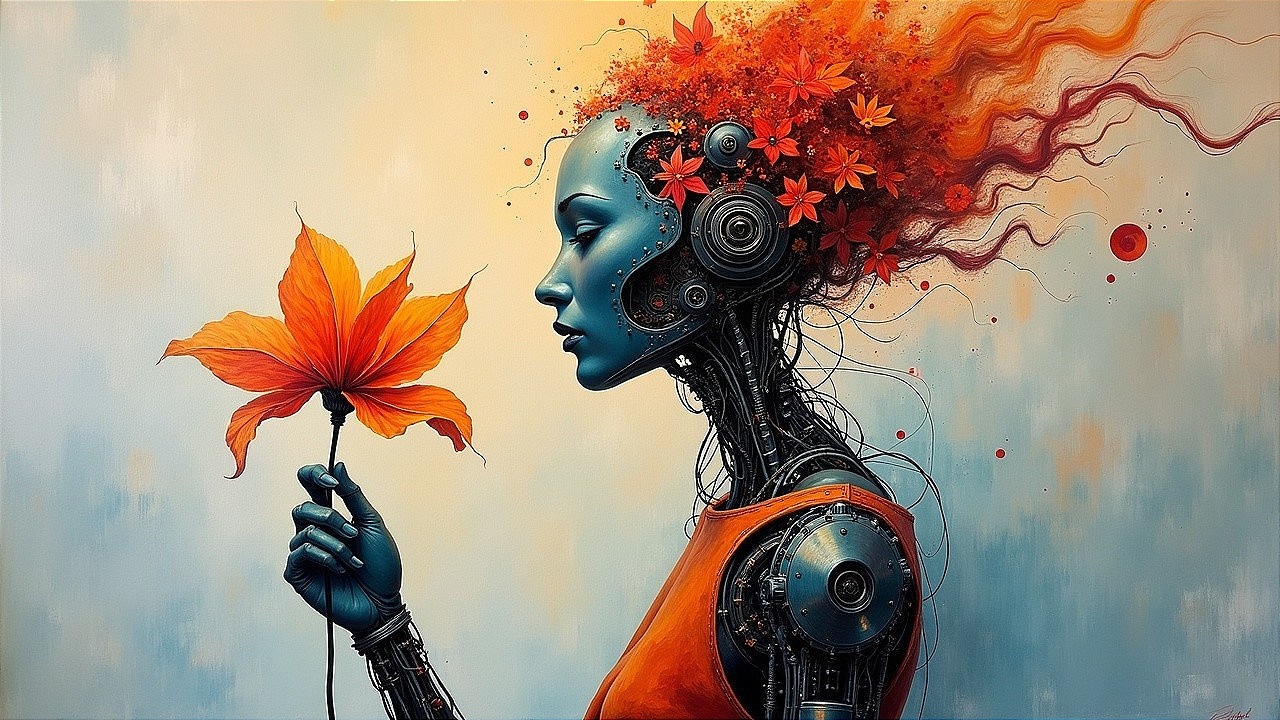 Futuristic Female Robot with Organic Leaf Elements