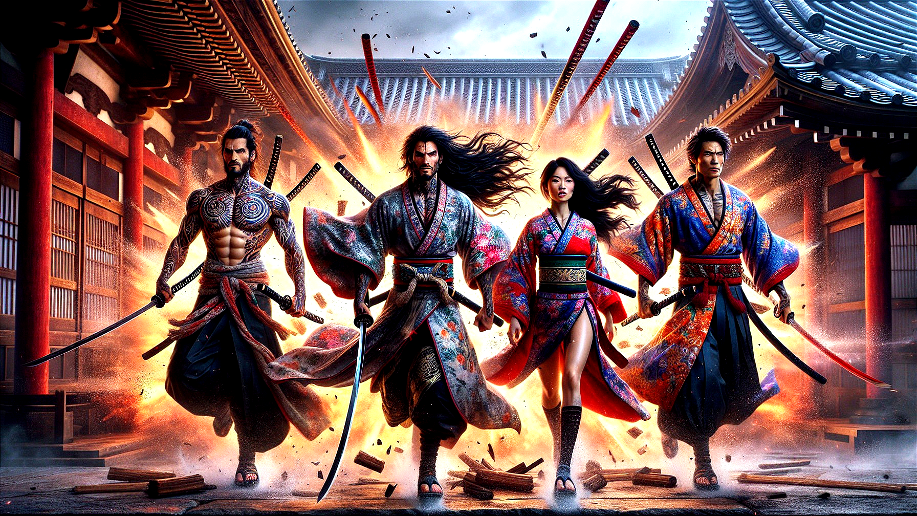 Warriors in Traditional Japanese Attire Amidst Fire