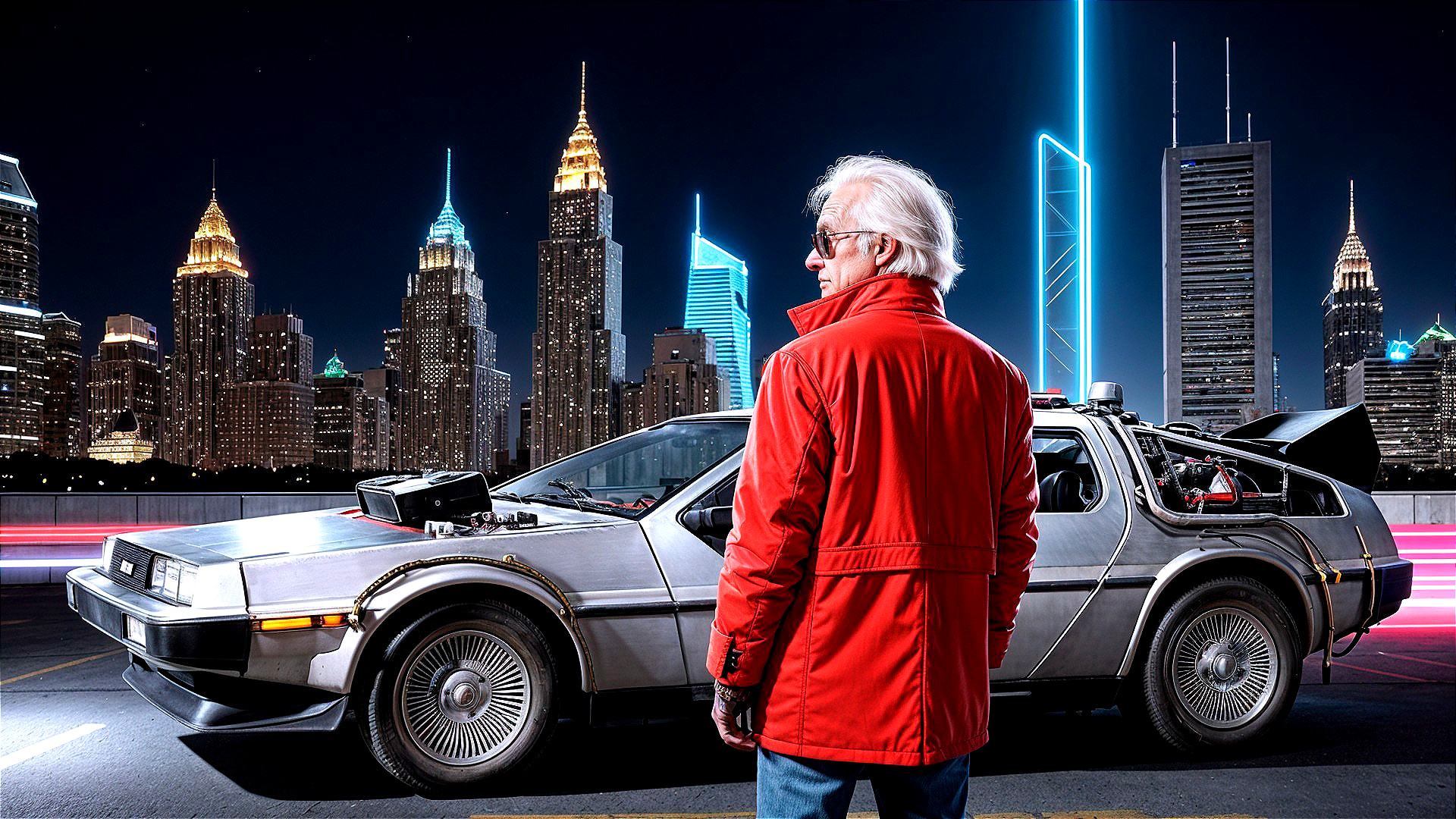 Man in red jacket beside futuristic car at night skyline