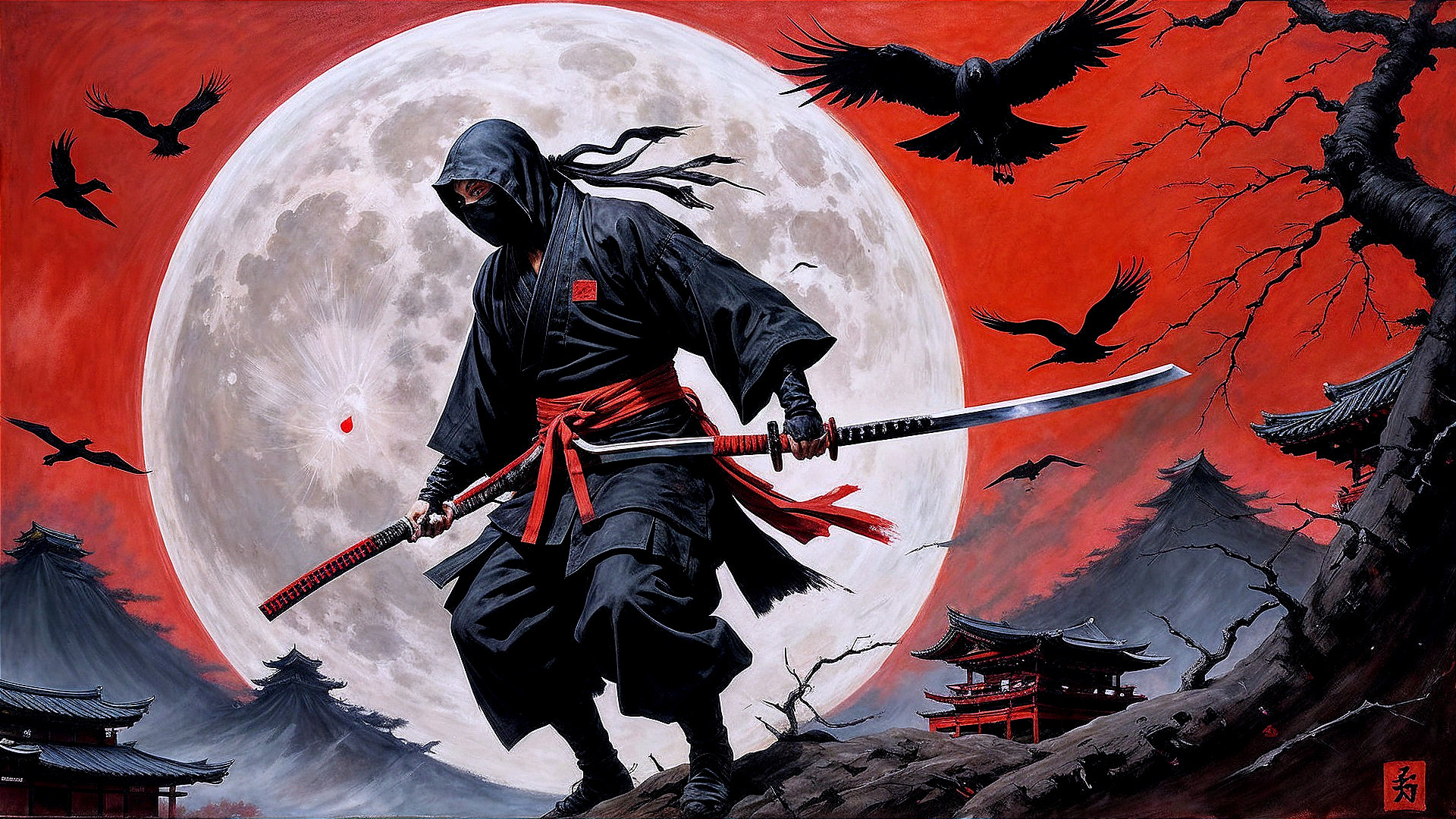 Ninja with Katana Against Red Background and Moon