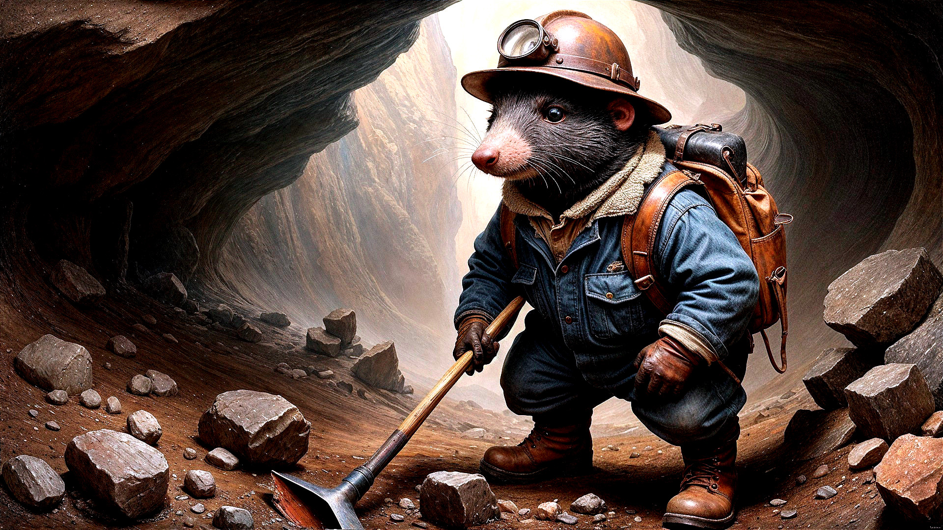 Whimsical Mole in Miner Outfit in Dim Cave Setting