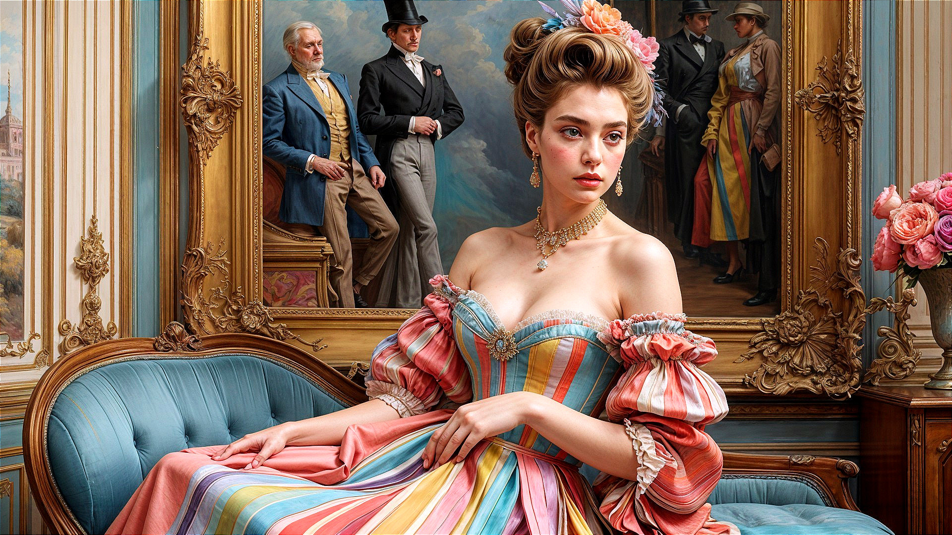 Elegant Woman in Striped Gown on Velvet Sofa