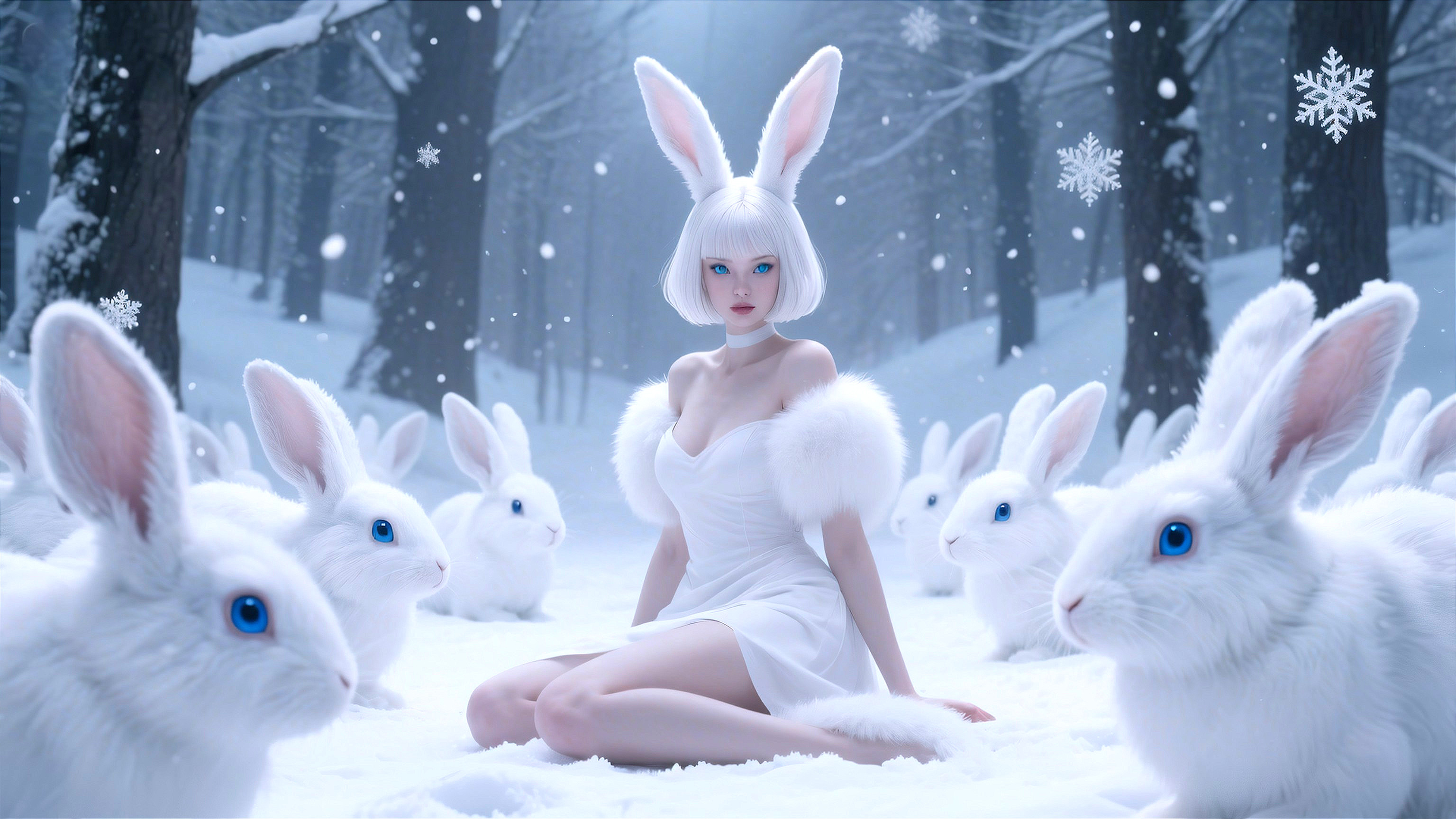 Young Woman in White Dress Surrounded by Snowy Rabbits