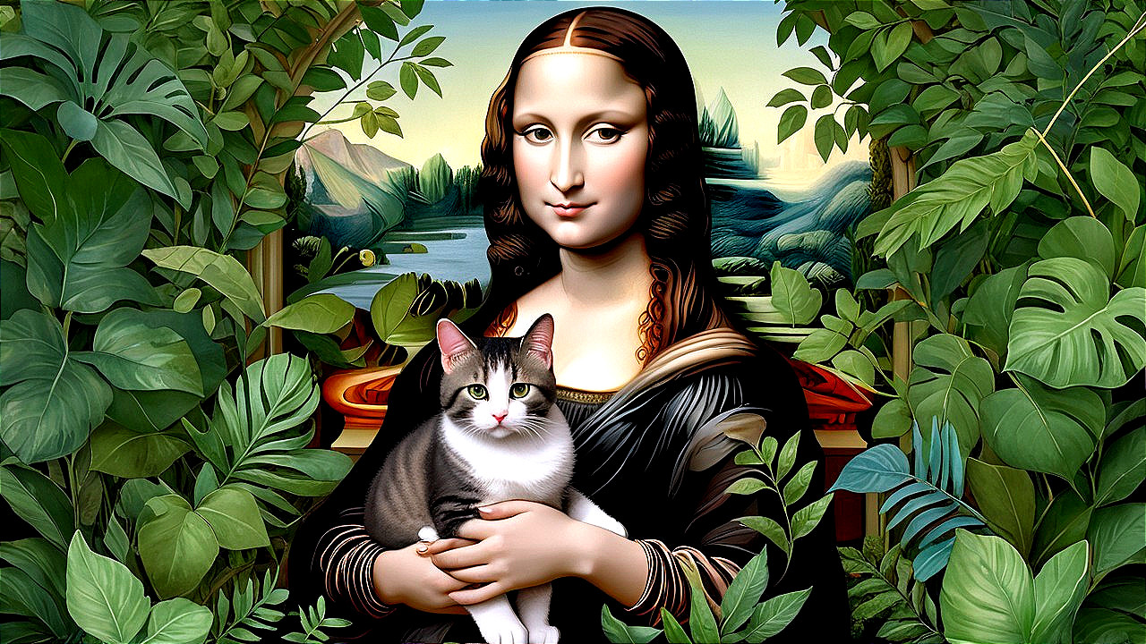 Modern Mona Lisa with Tropical Greenery and Cat