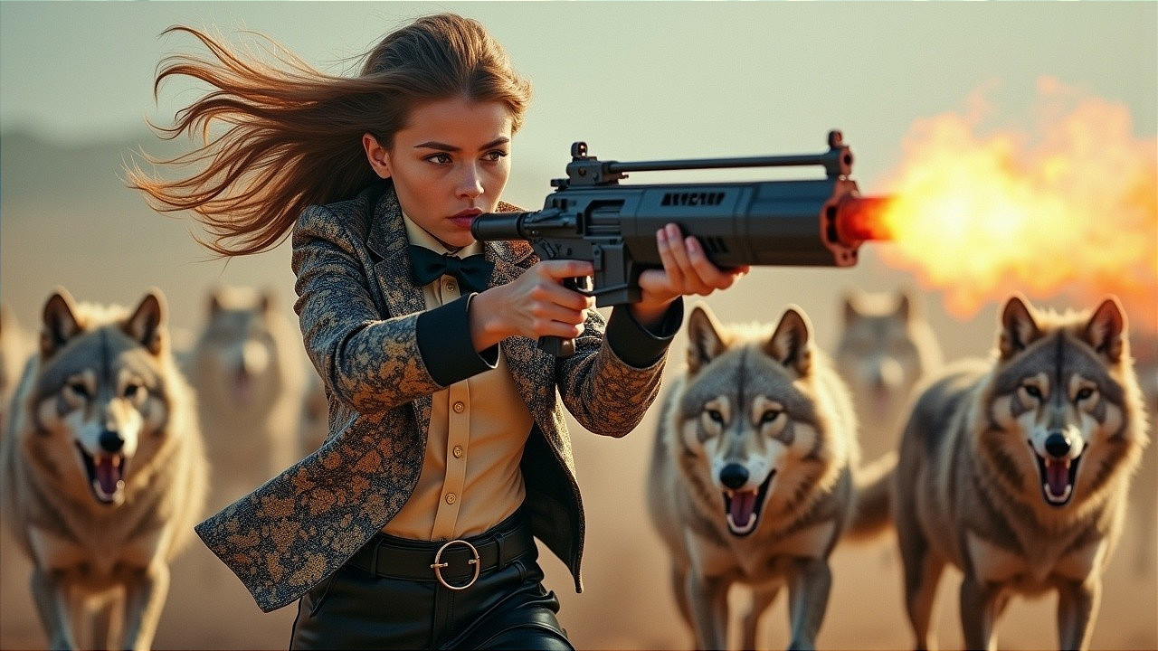 Young woman in suit with futuristic weapon and wolves