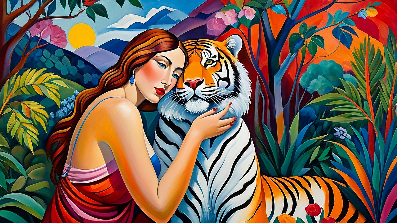 Colorful Painting of Woman with Tiger in Jungle Setting