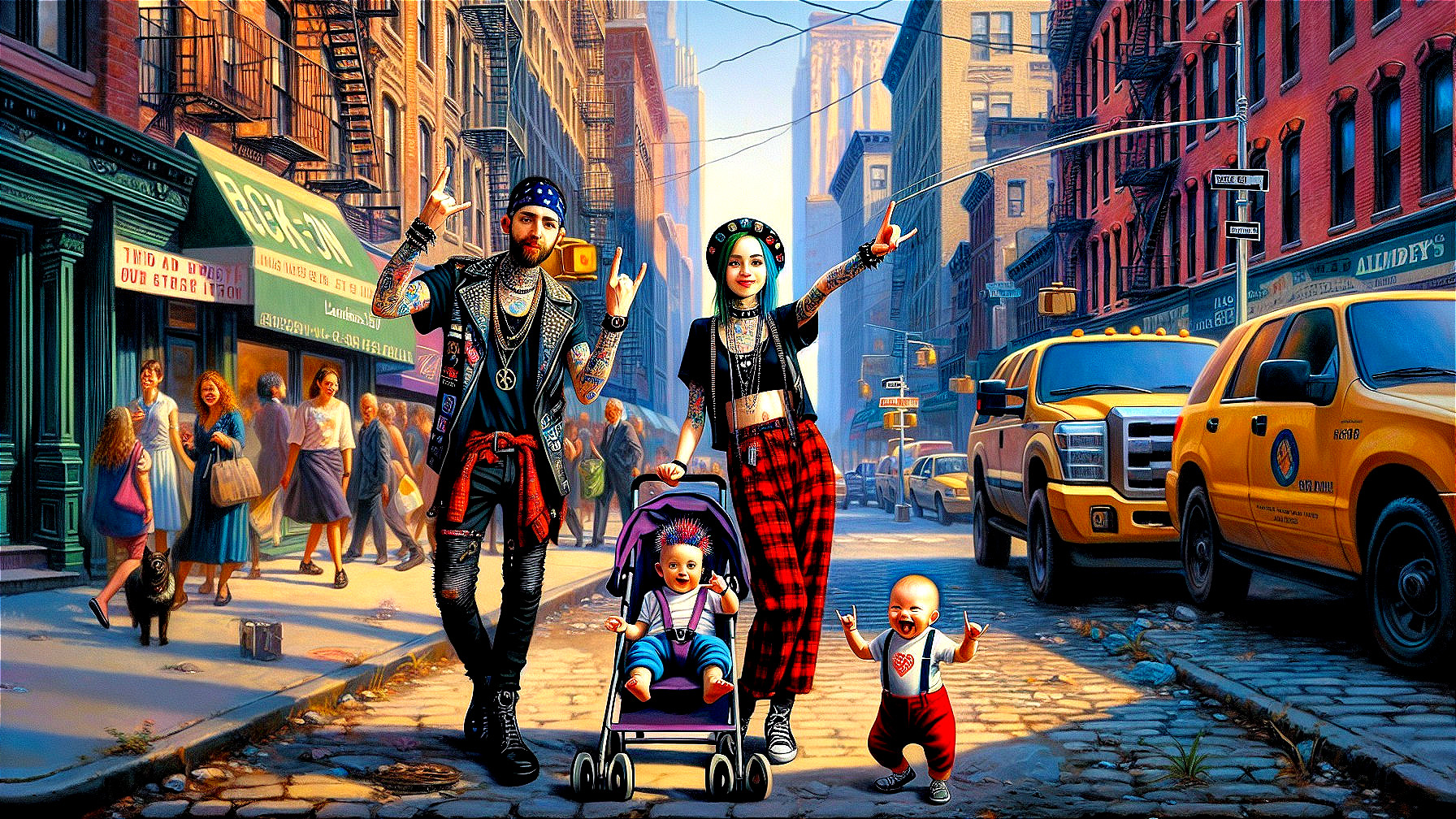 Tattooed Couple with Babies in Vibrant Urban Setting