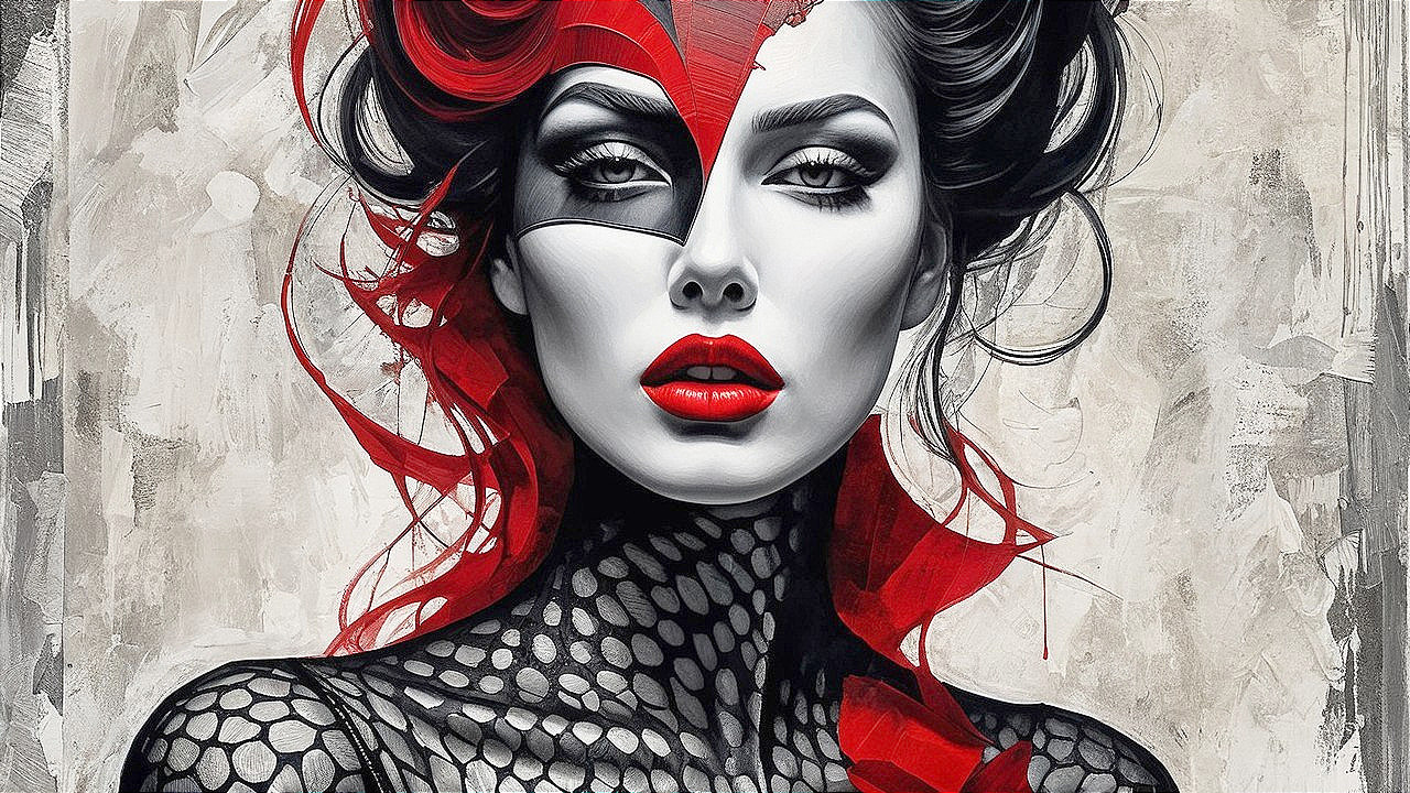 Artistic Portrait of a Woman with Red and Black Elements