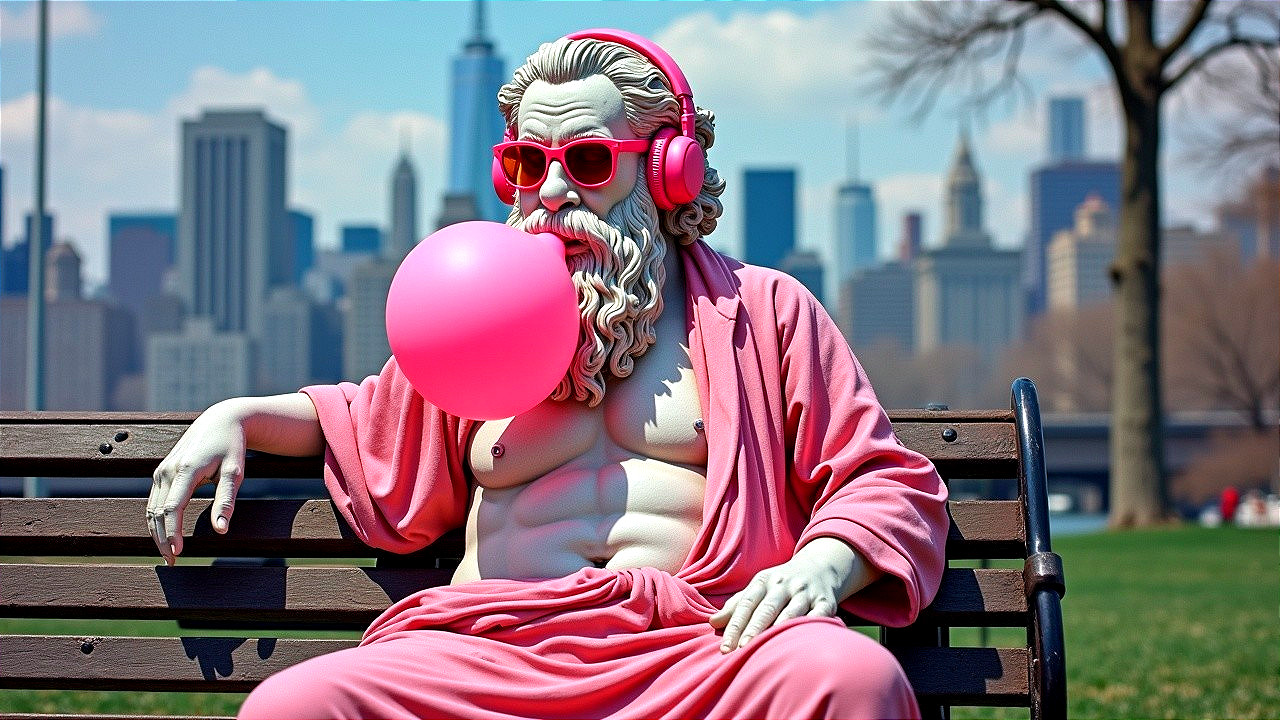 Modern Statue of Philosopher in Pink Robe and Sunglasses
