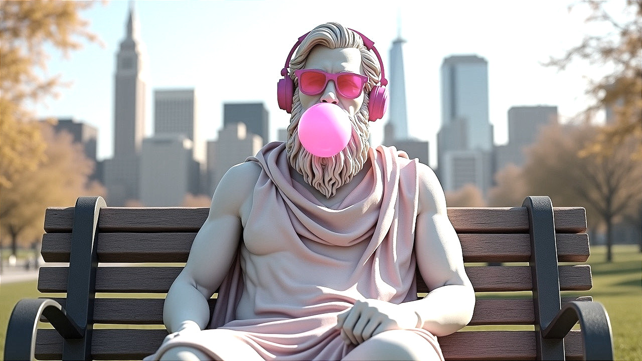 Modern Statue on Bench with Urban Skyline Background