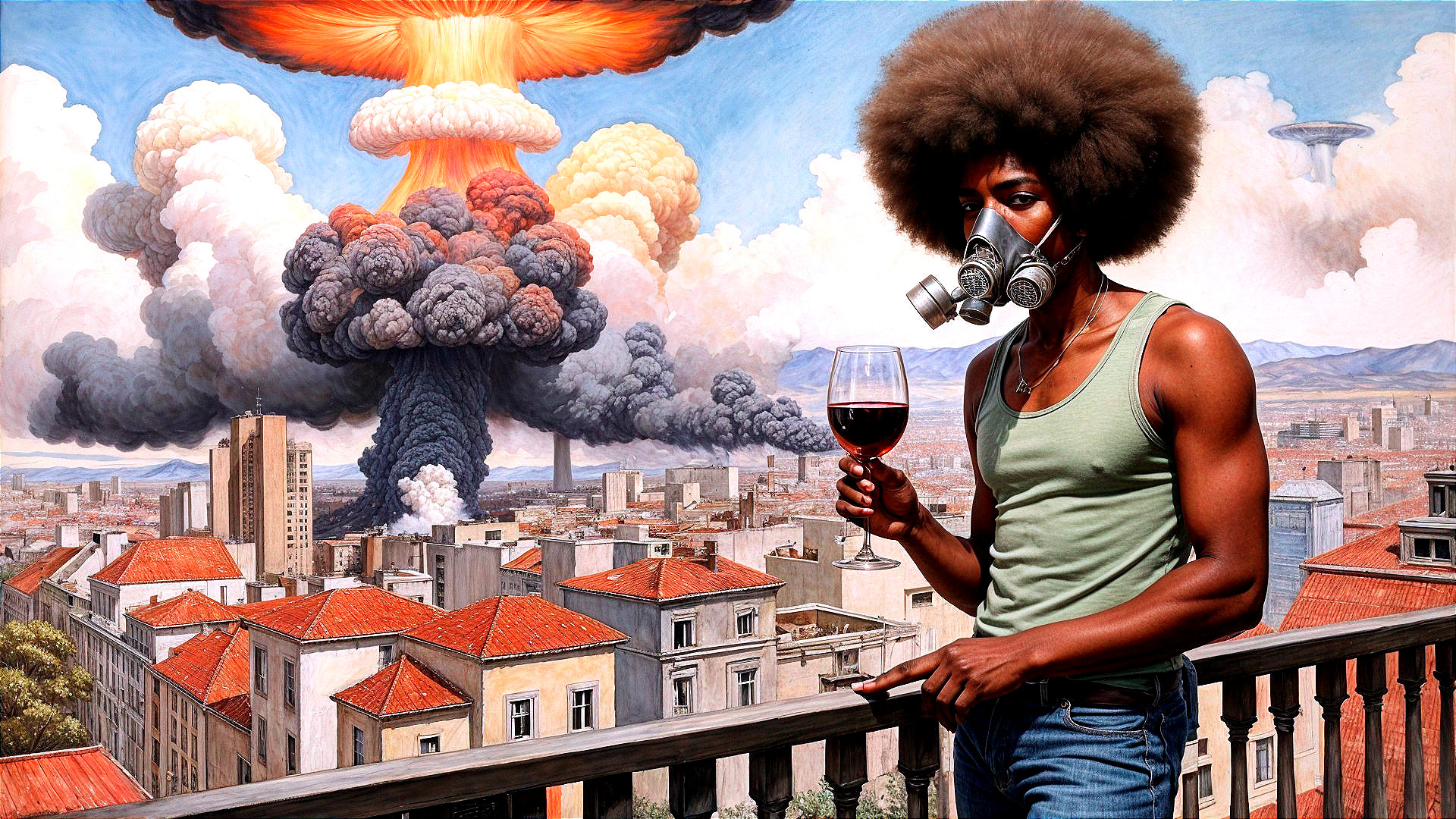 Figure with Afro and Gas Mask Overlooking Cityscape