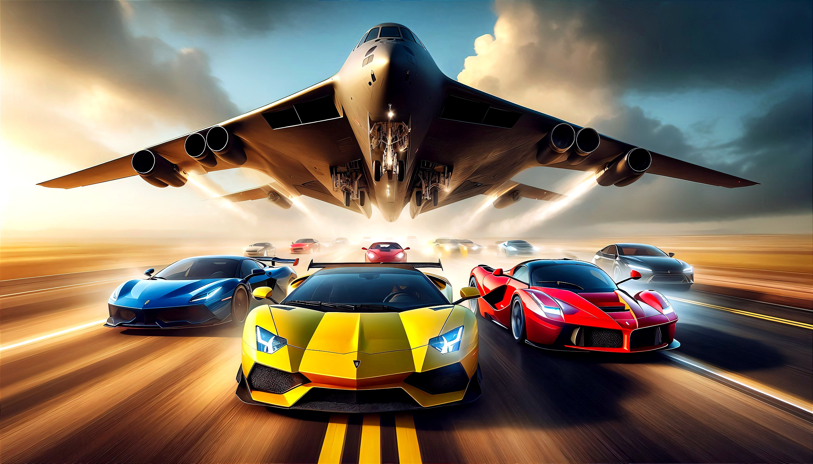 High-Performance Sports Cars and Military Aircraft Scene