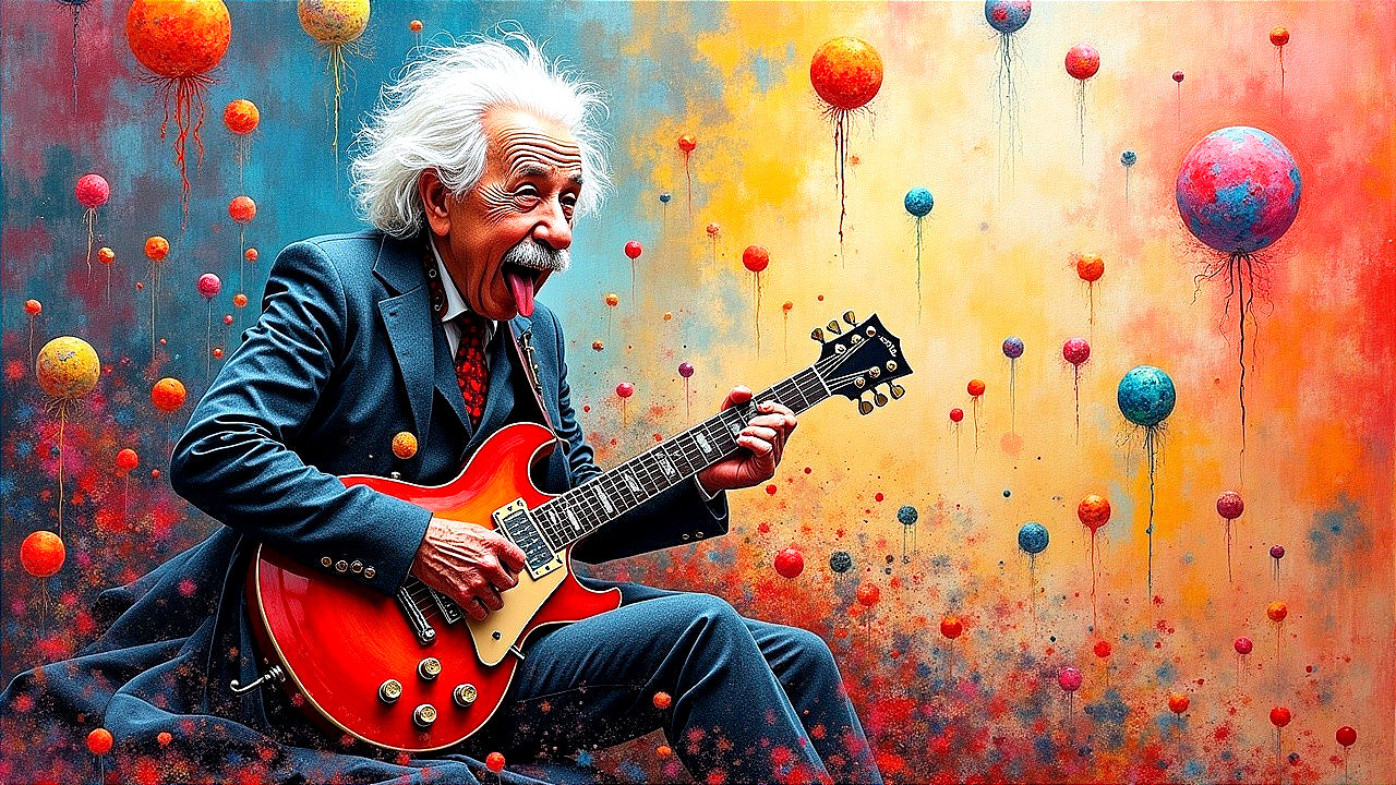 Elderly Man Playing Red Guitar in Colorful Scene