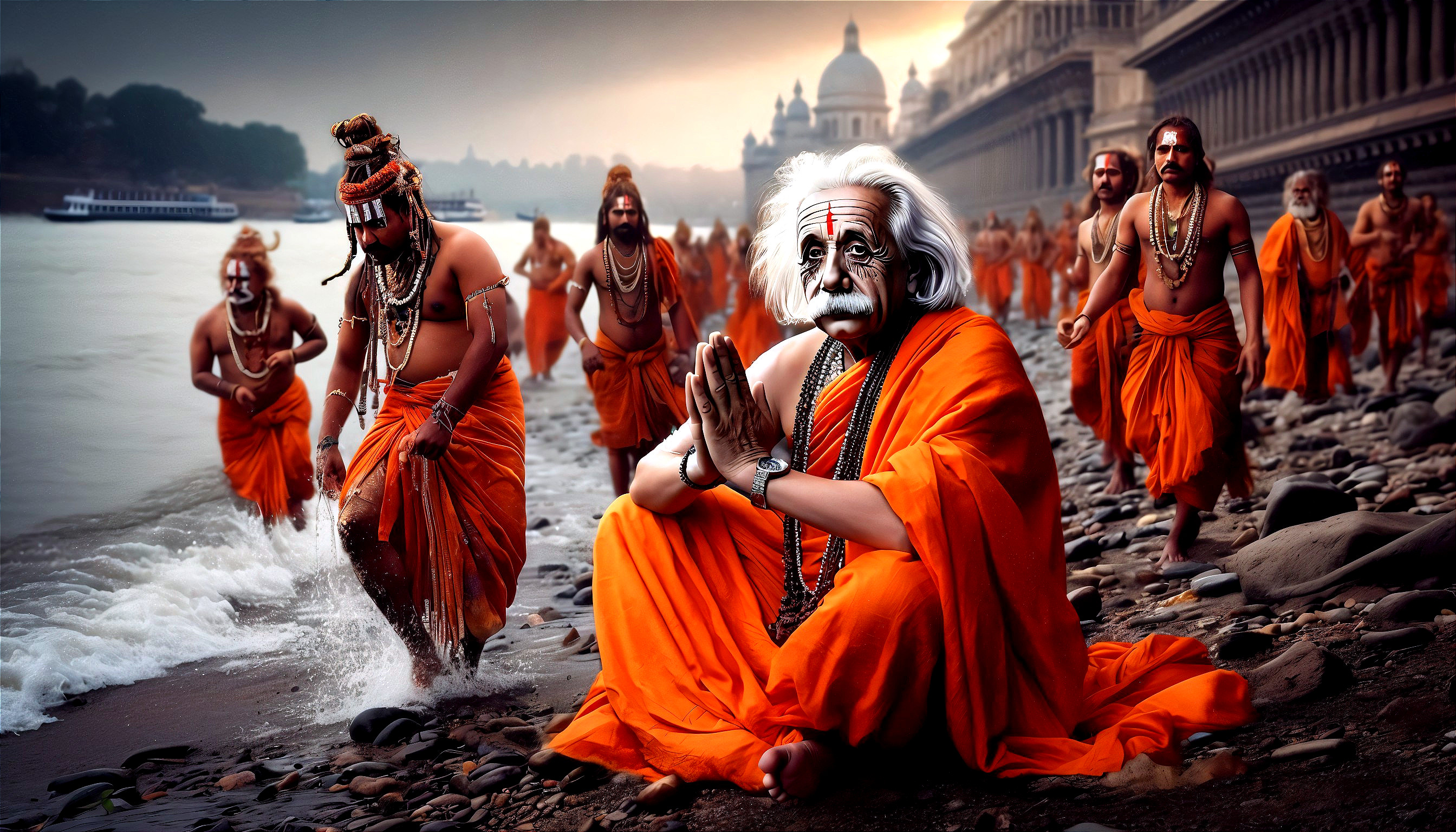Ascetics in Orange Robes by a Riverbank with Architecture