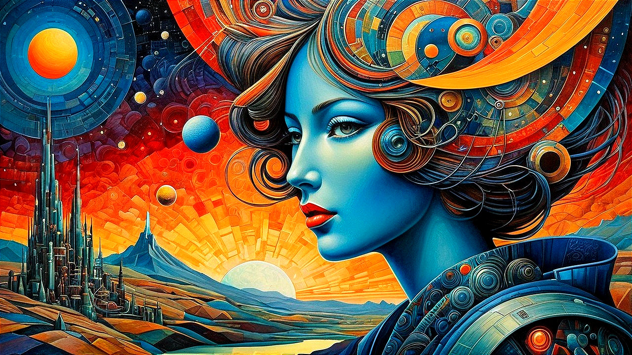 Portrait of a Woman with Blue Skin and Cosmic Patterns