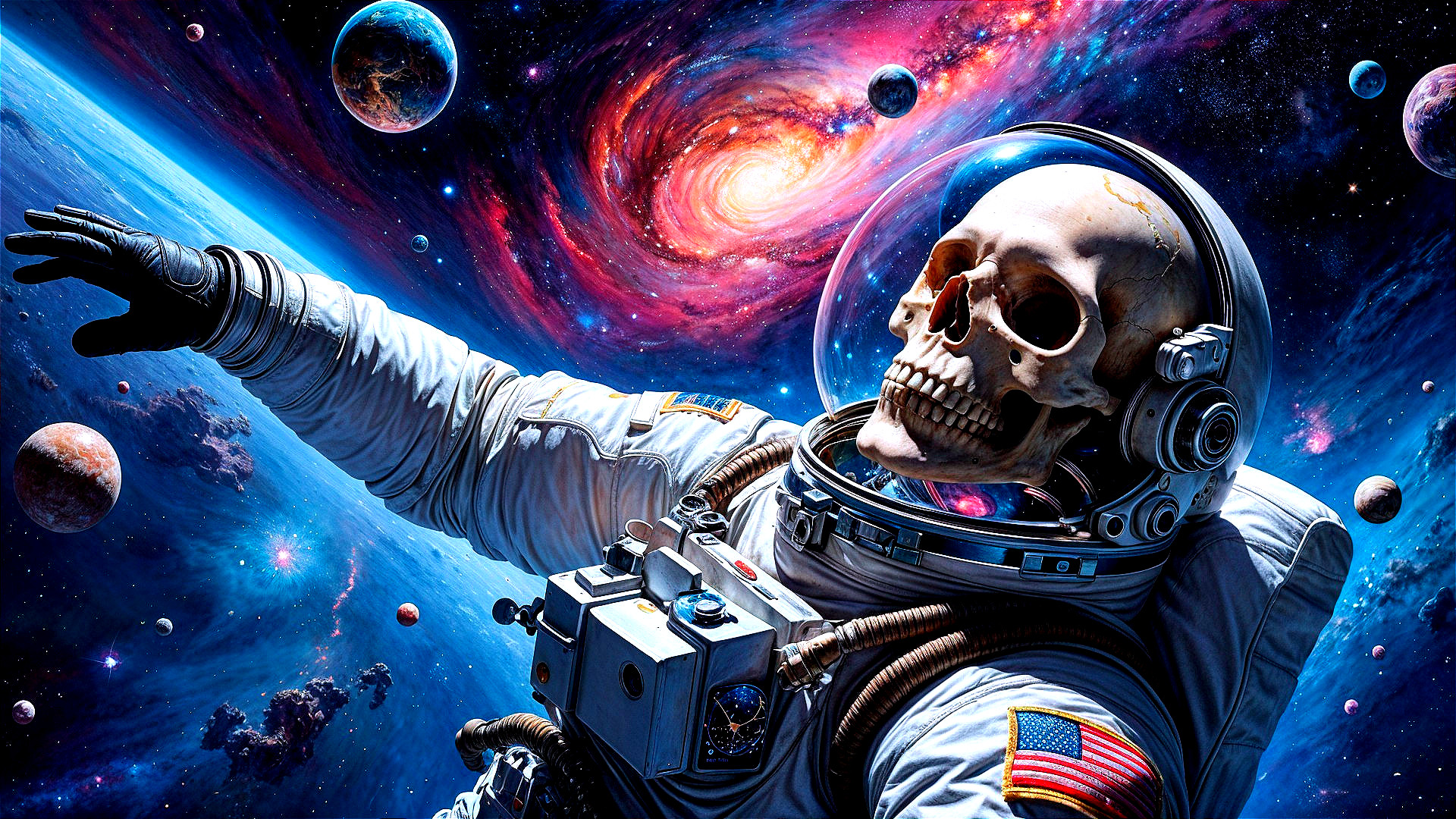 Skeletal Astronaut in Cosmic Colorful Space Scene