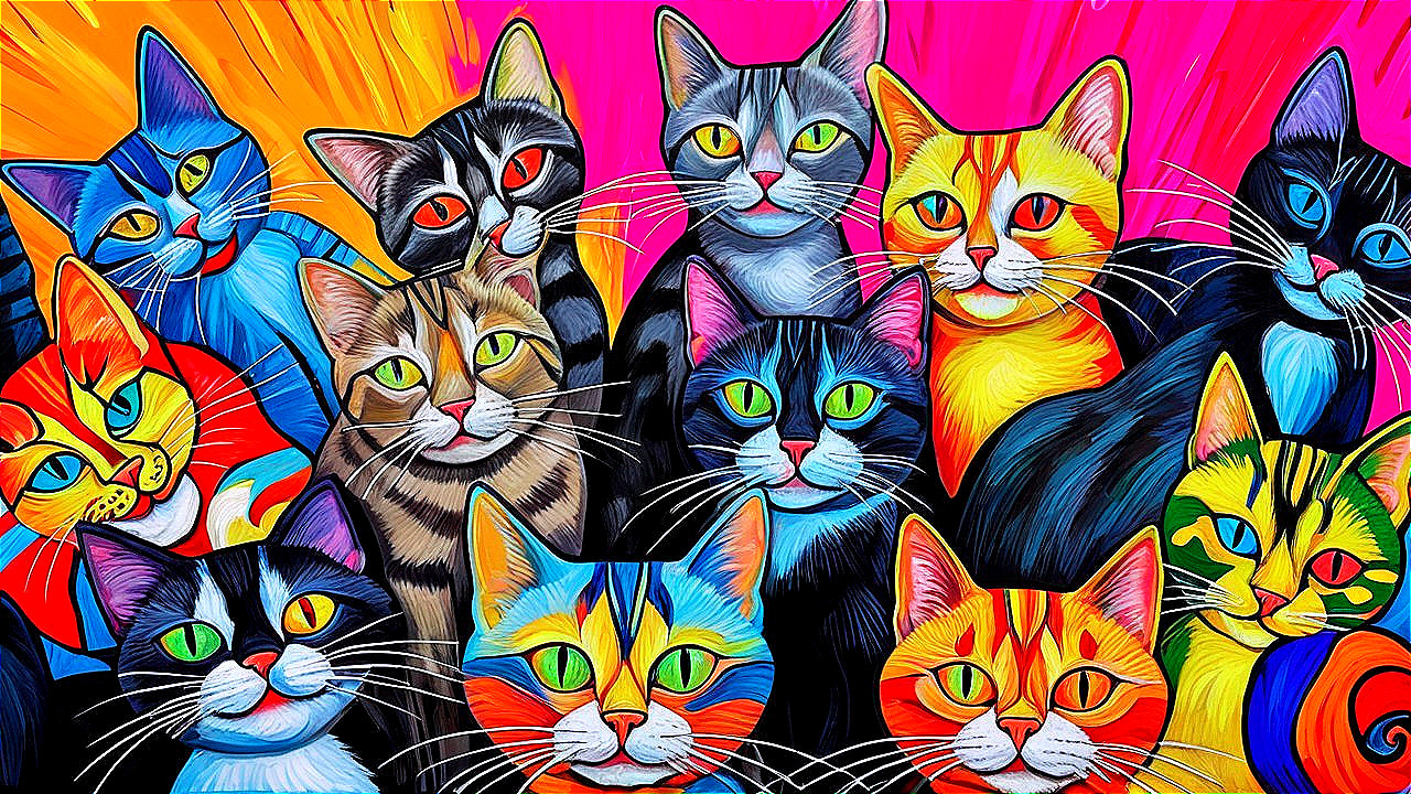 Colorful Stylized Cats with Expressive Features