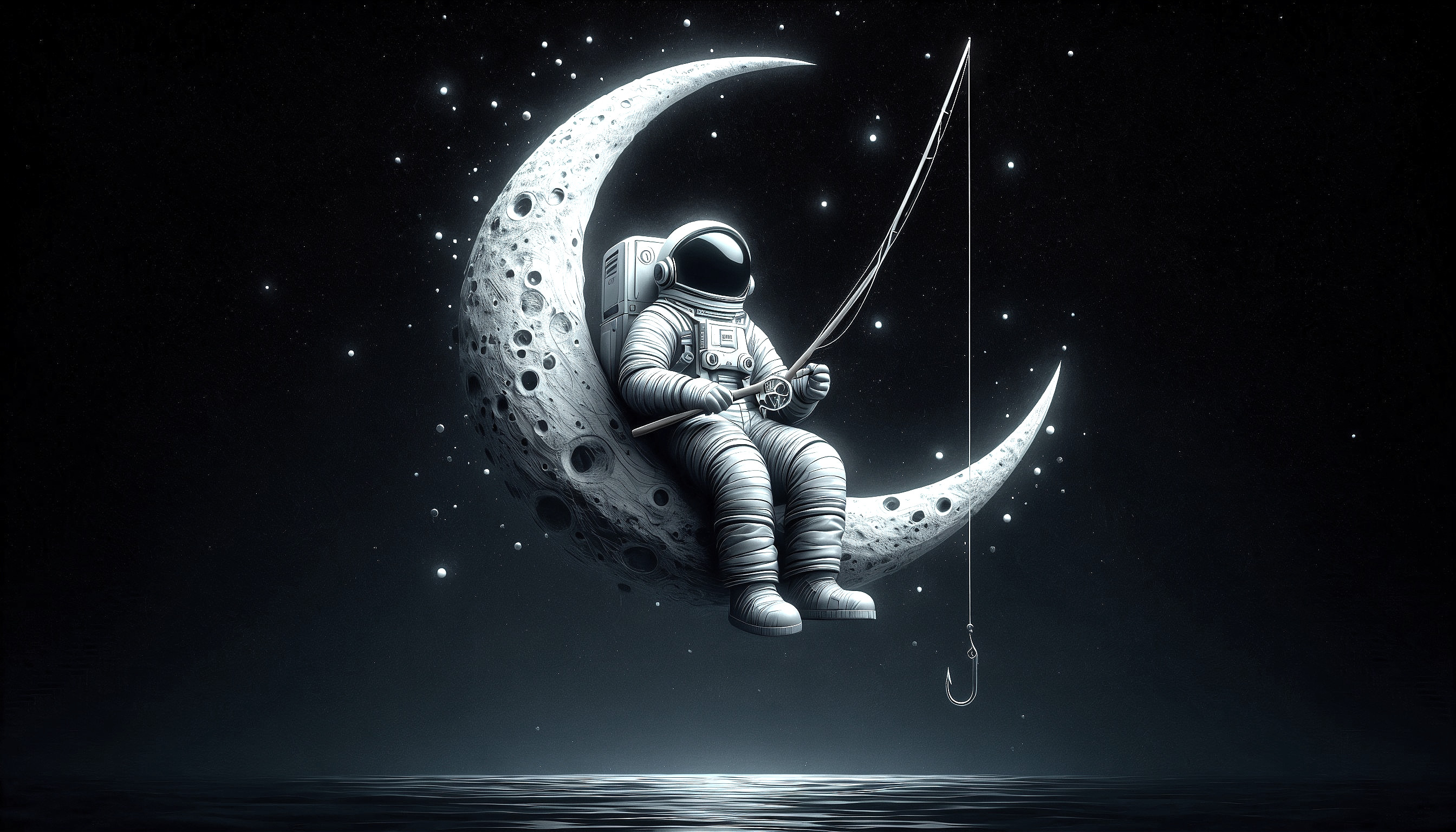 Astronaut Fishing on Crescent Moon in Space Setting