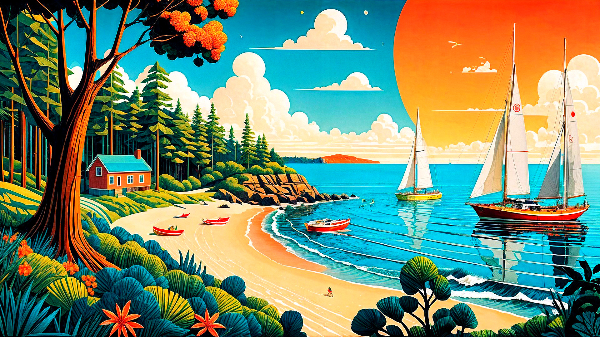 Vibrant Seaside Scene with Sunset and Cottage