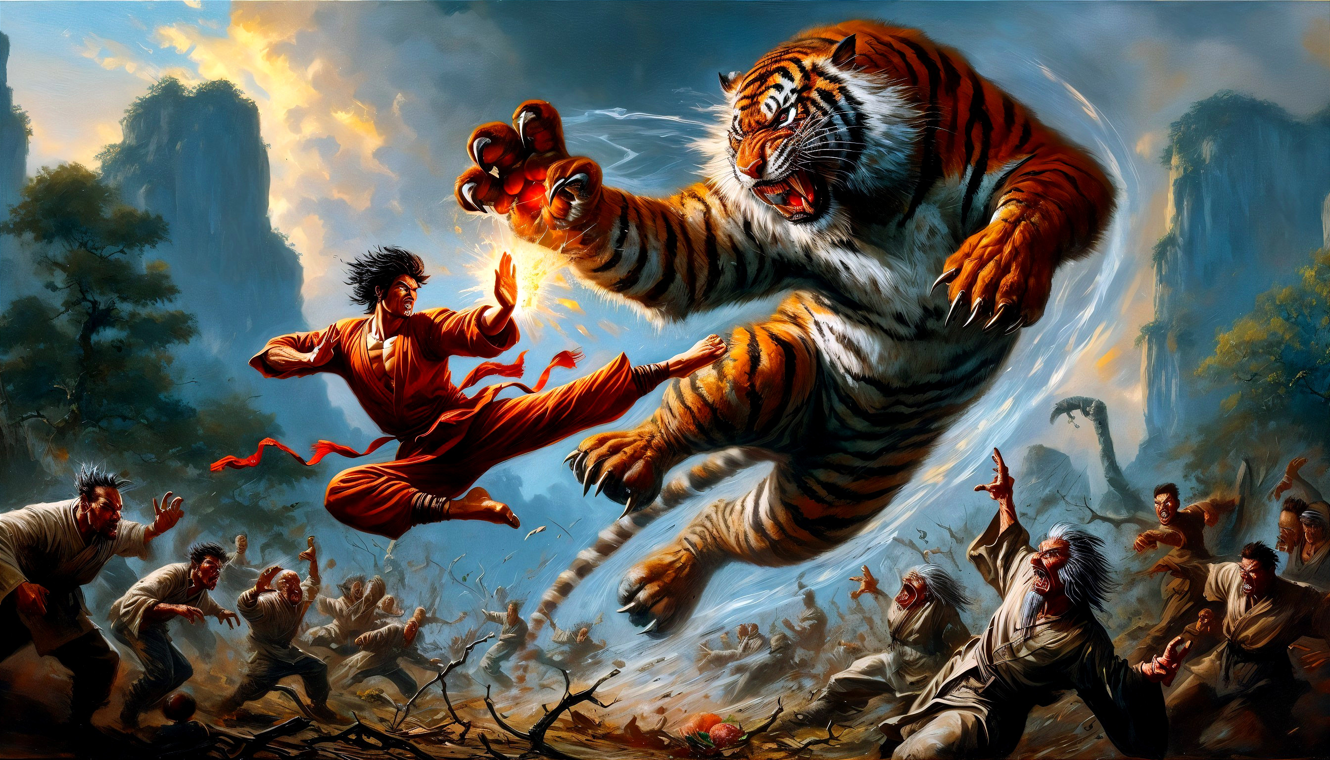 Martial Artist Battles Tiger in Dramatic Landscape