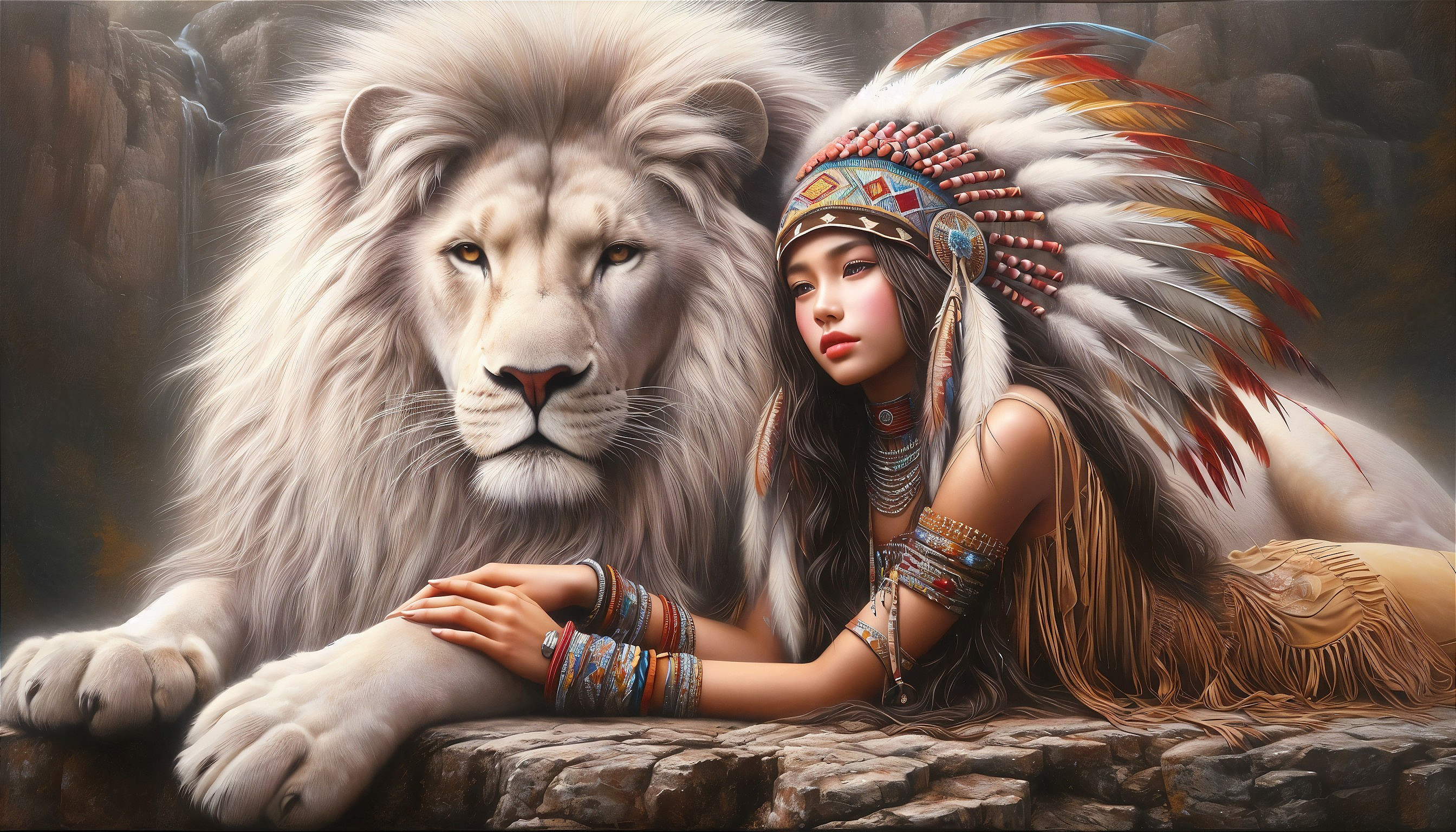 Young Woman in Native American Attire with White Lion