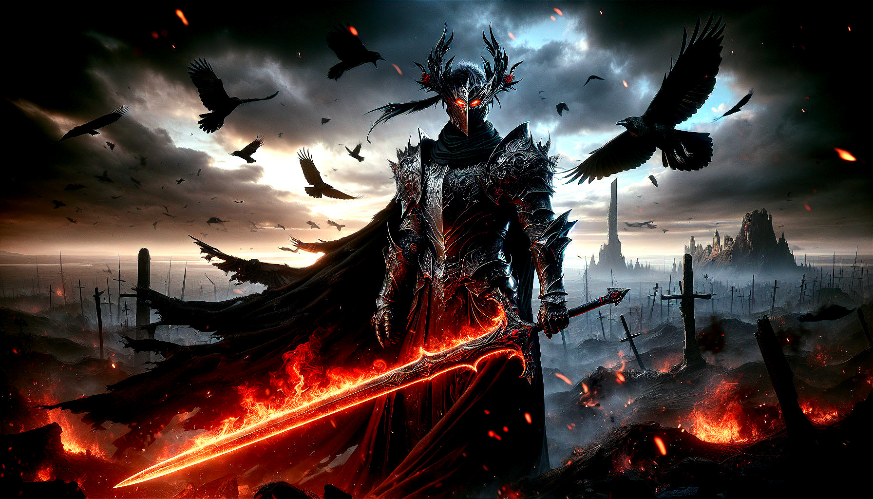 Armored Figure in Fiery Battlefield with Blazing Sword