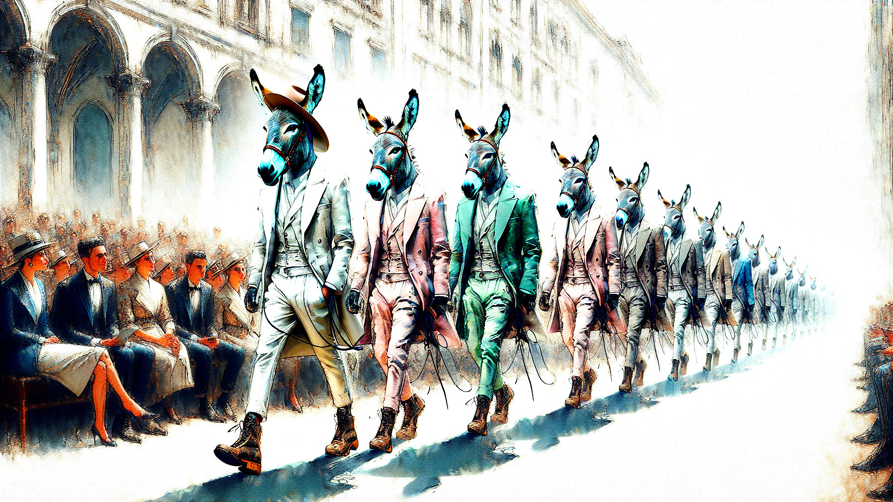 Surreal Parade with Donkey-Masked Figures in Suits