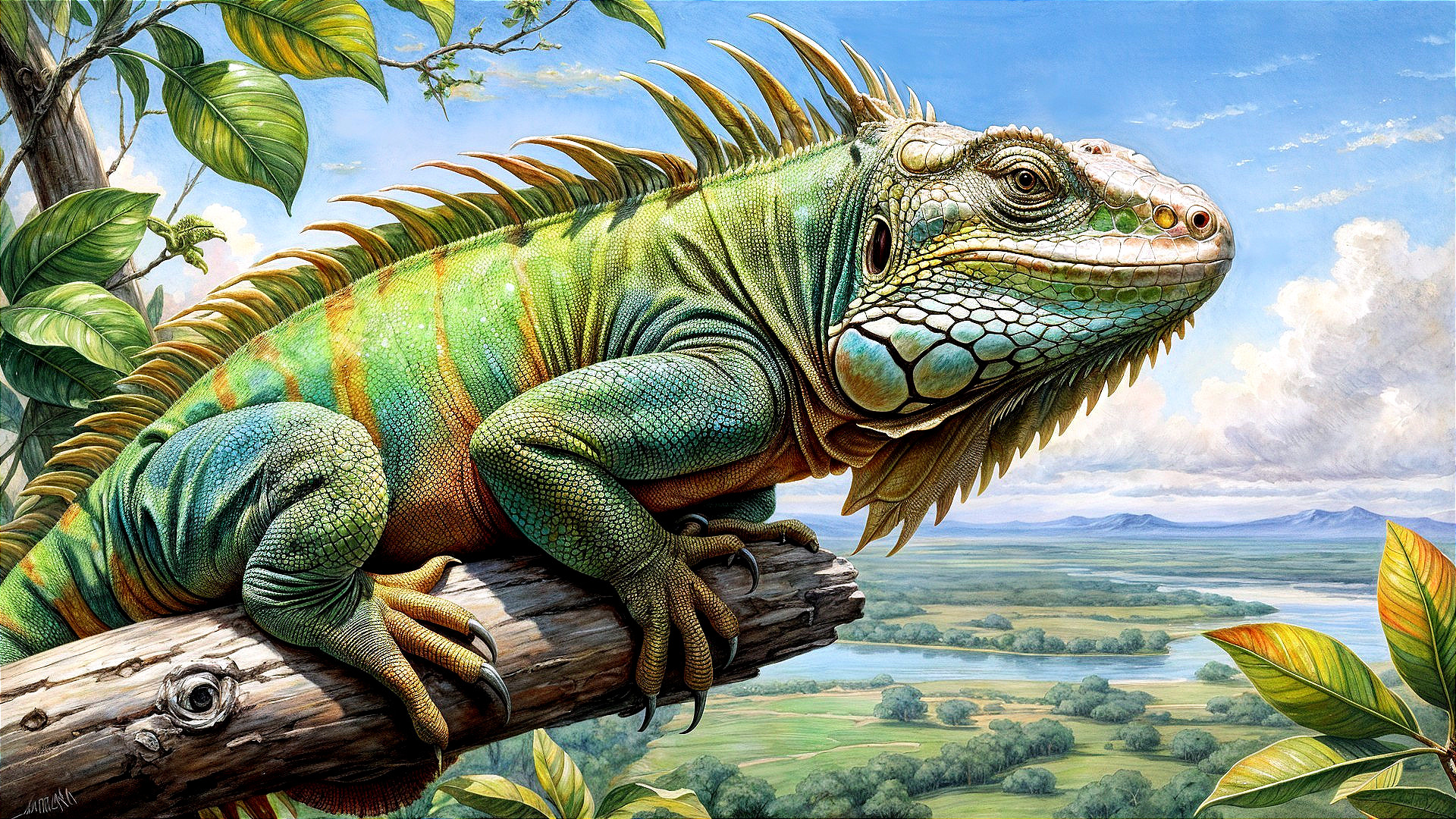 Green Iguana on Log in Tropical Landscape