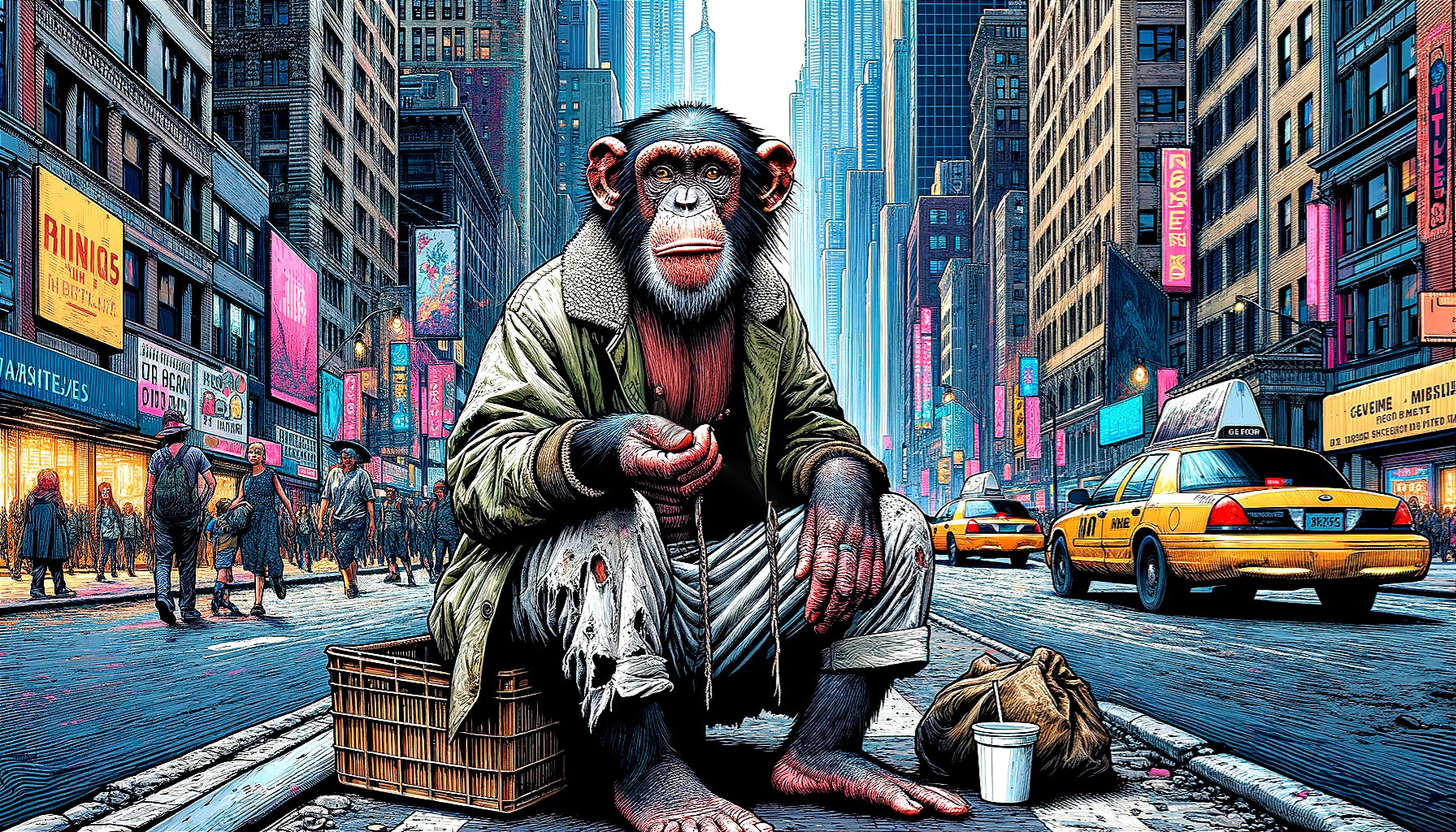 Chimpanzee in Tattered Coat Amid Urban Chaos