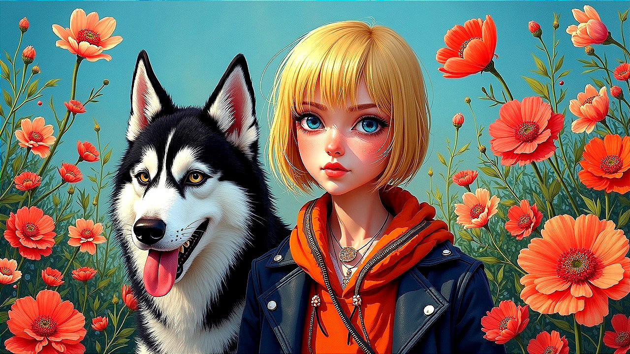 Young Woman and Siberian Husky in Colorful Poppies