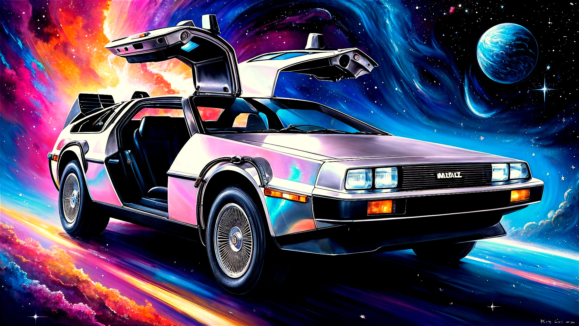 Futuristic Silver Car with Gull-Wing Doors in Space