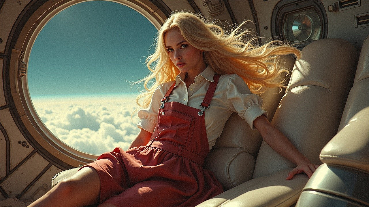 Young woman in futuristic chair by round window
