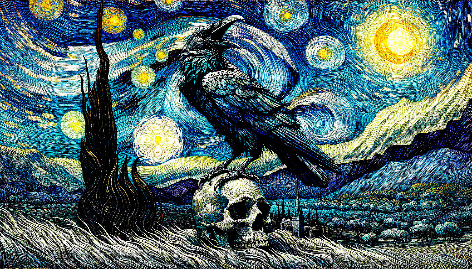 Vibrant Night Sky with Raven and Skull Landscape