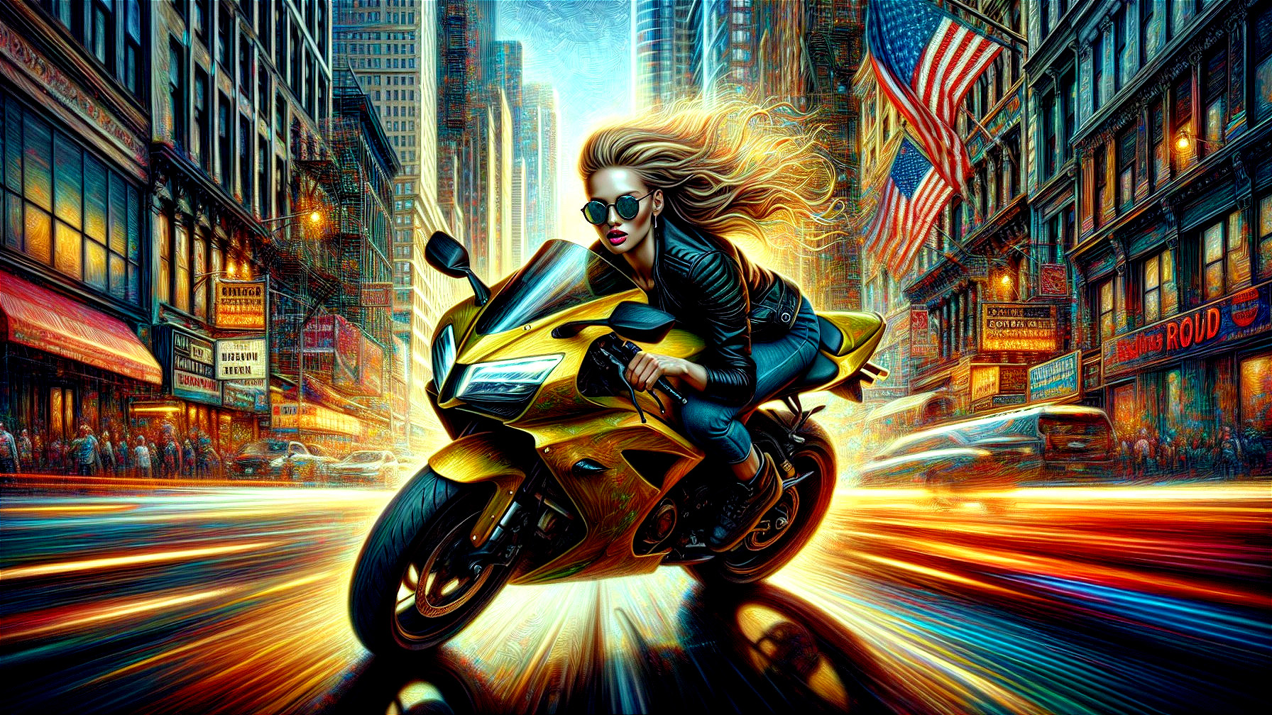 Stylish Woman Riding Yellow Motorcycle in City Scene