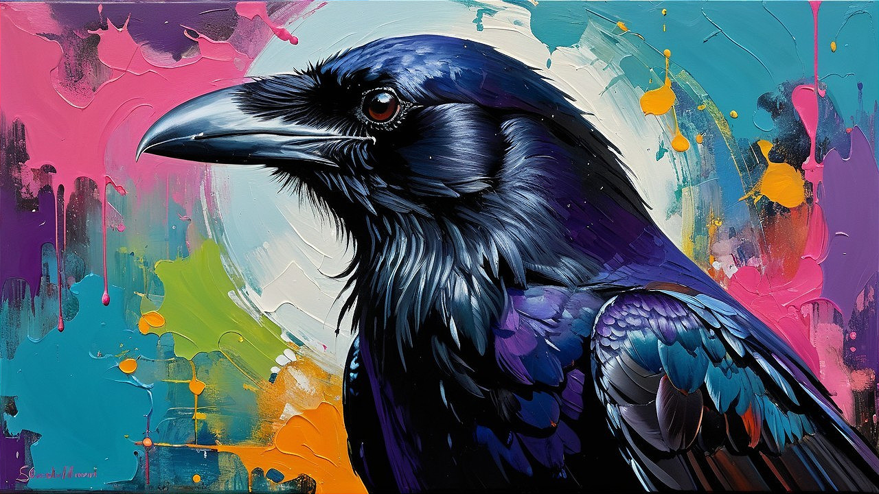 Vivid Raven Painting with Abstract Colorful Background