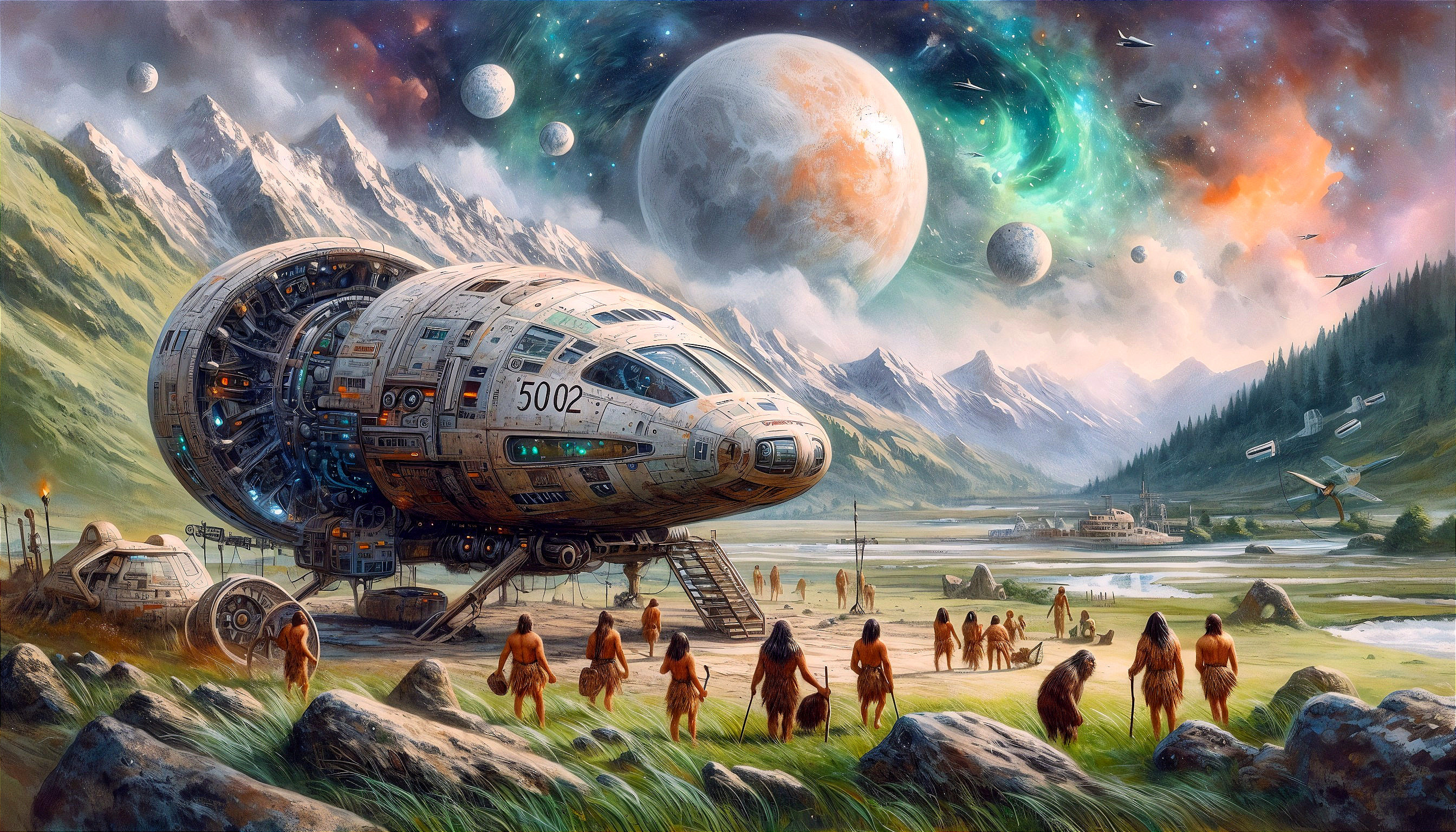 Futuristic Spacecraft in Alien Landscape with Beings